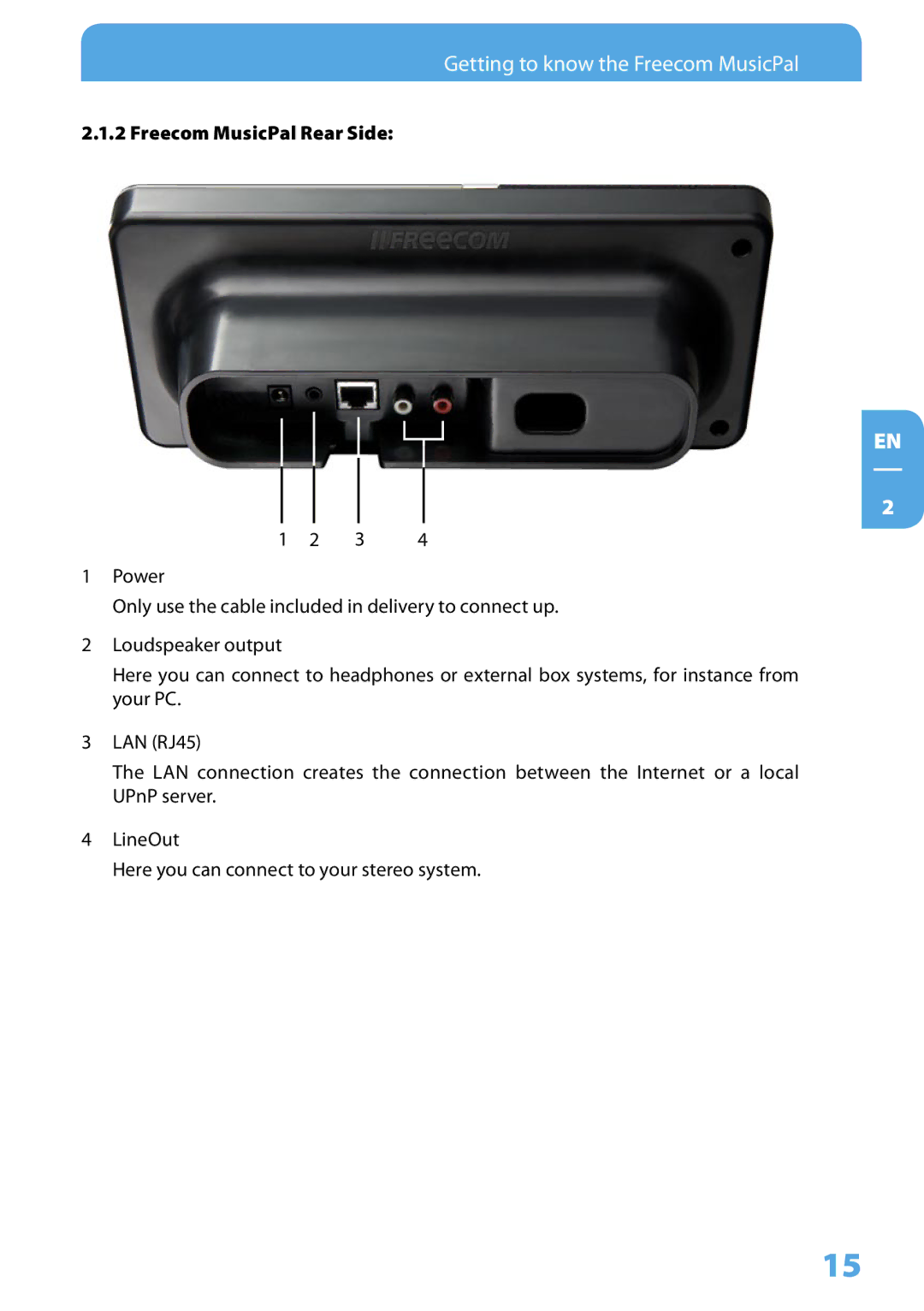 Freecom Technologies user manual Getting to know the Freecom MusicPal, .1. Freecom MusicPal Rear Side 