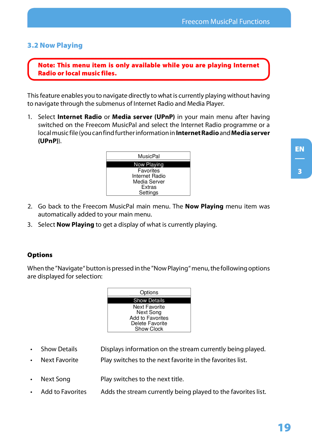 Freecom Technologies MusicPal user manual Now Playing, Options 