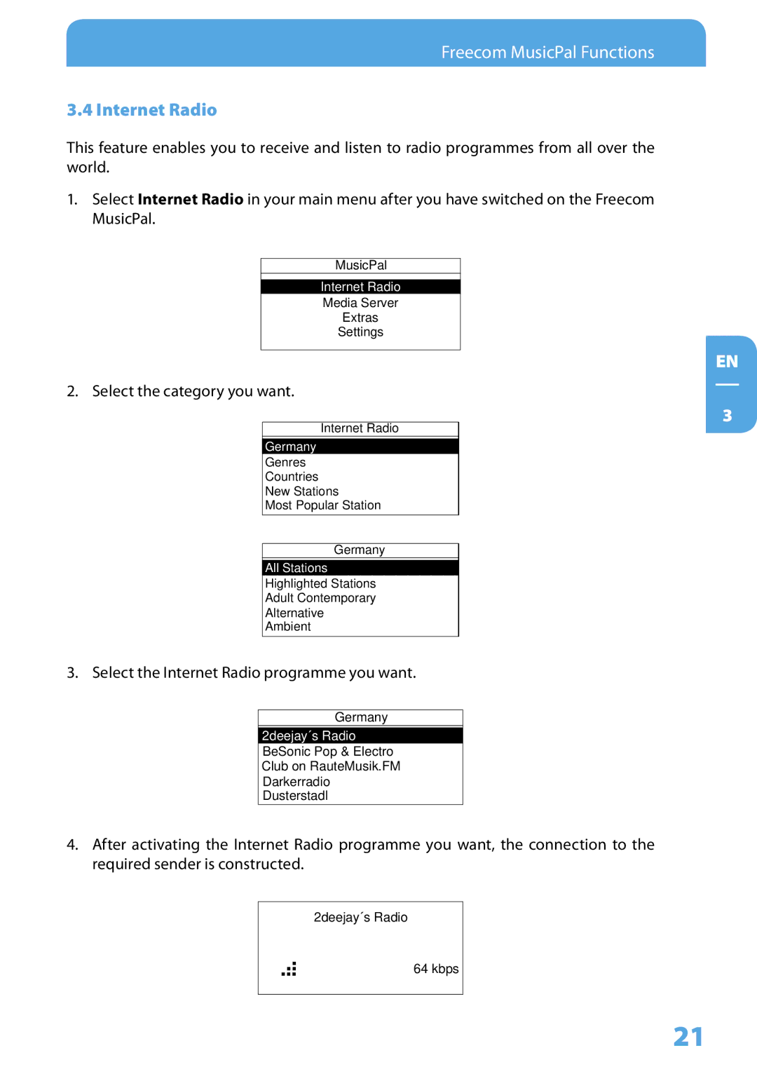 Freecom Technologies MusicPal user manual Internet Radio, Select the category you want 