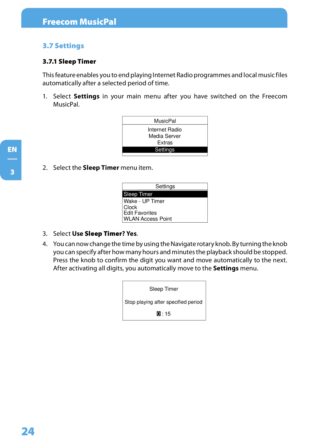 Freecom Technologies MusicPal user manual Settings, Select Use Sleep Timer? Yes 