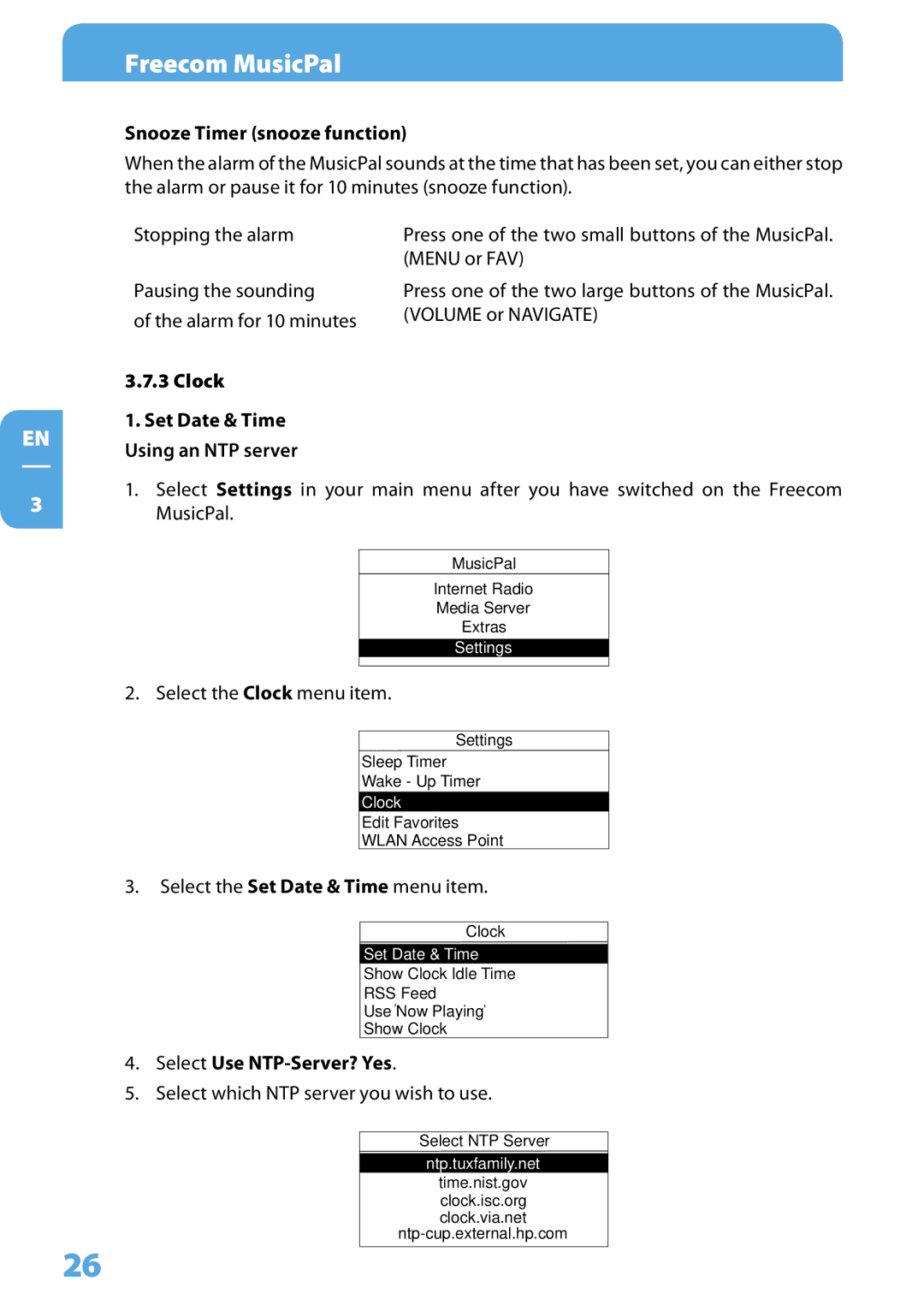 Freecom Technologies MusicPal user manual Snooze Timer snooze function, Clock, Select Use NTP-Server? Yes 