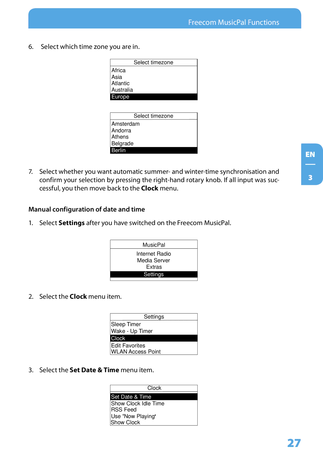 Freecom Technologies MusicPal user manual Select which time zone you are, Manual configuration of date and time 