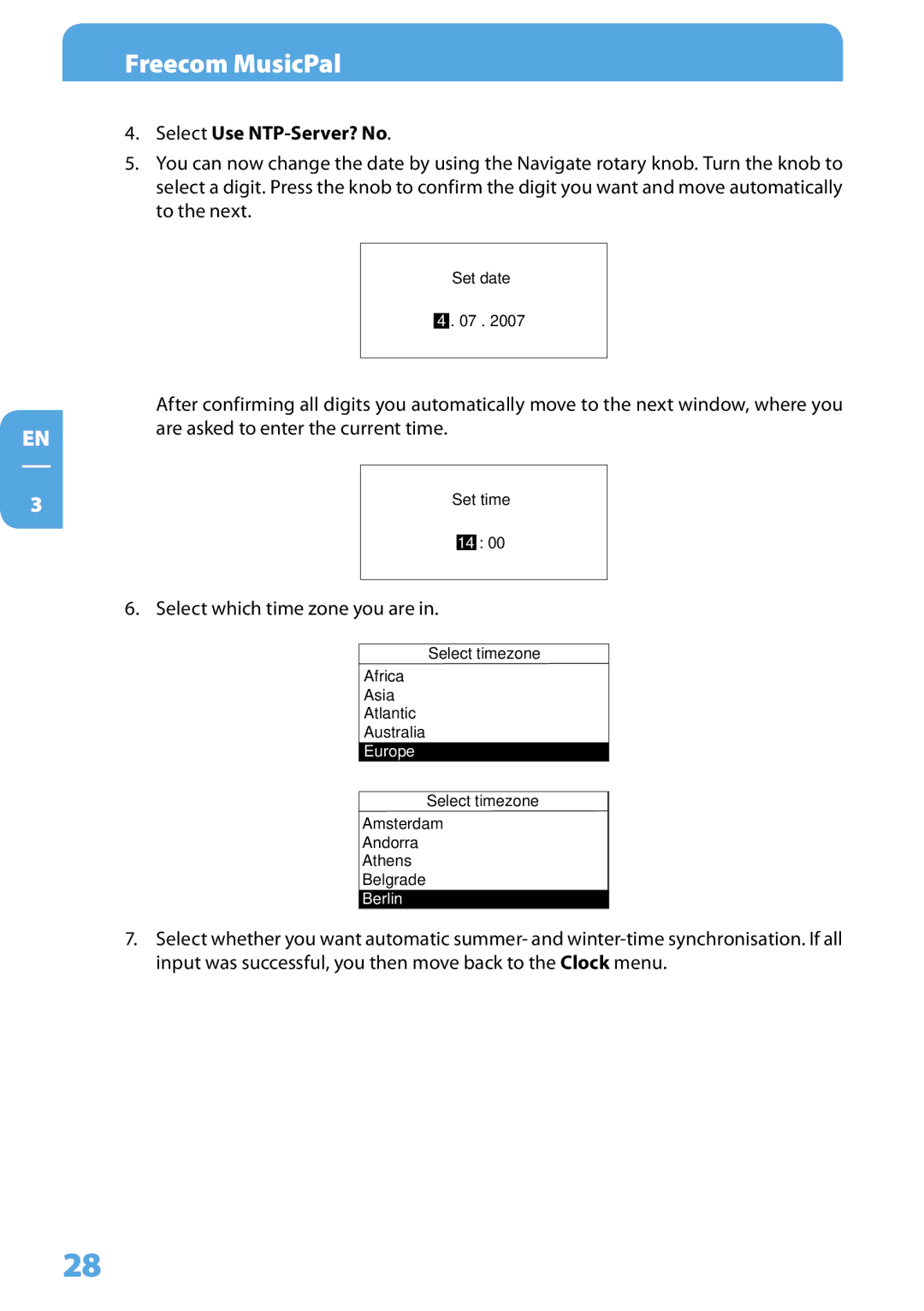 Freecom Technologies MusicPal user manual Select Use NTP-Server? No 