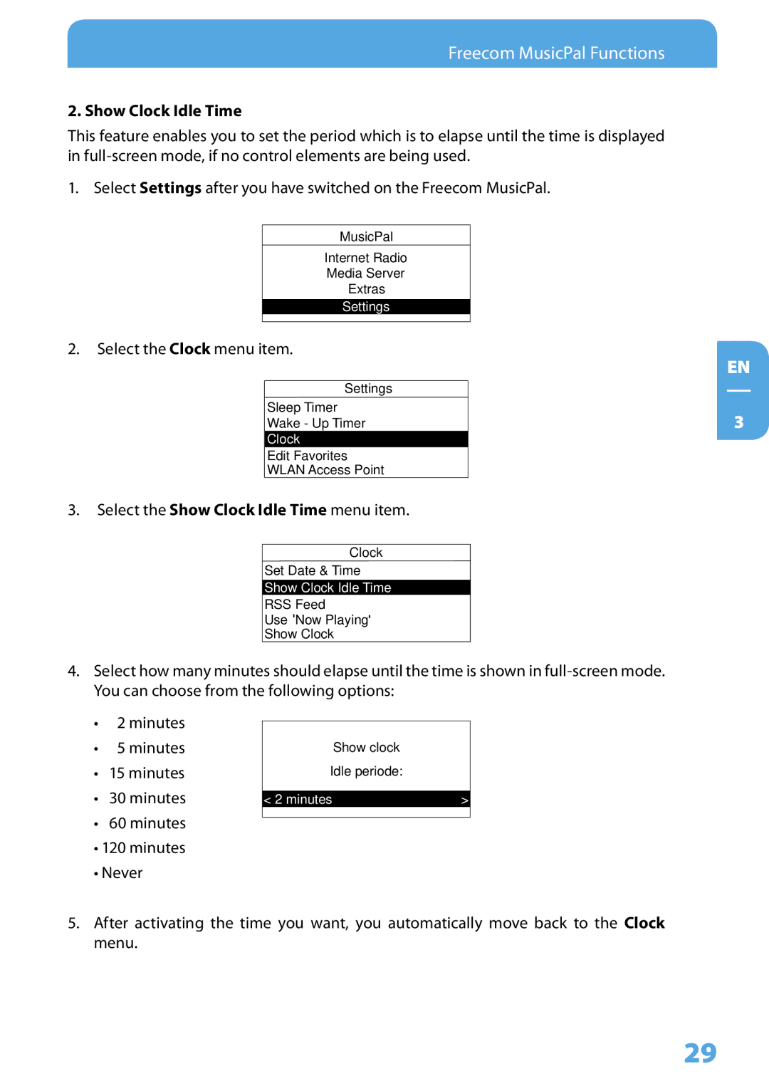 Freecom Technologies MusicPal user manual Show Clock Idle Time 