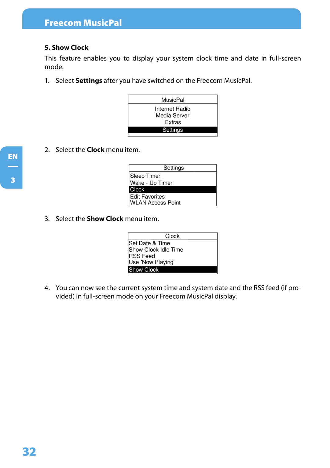 Freecom Technologies MusicPal user manual Show Clock 