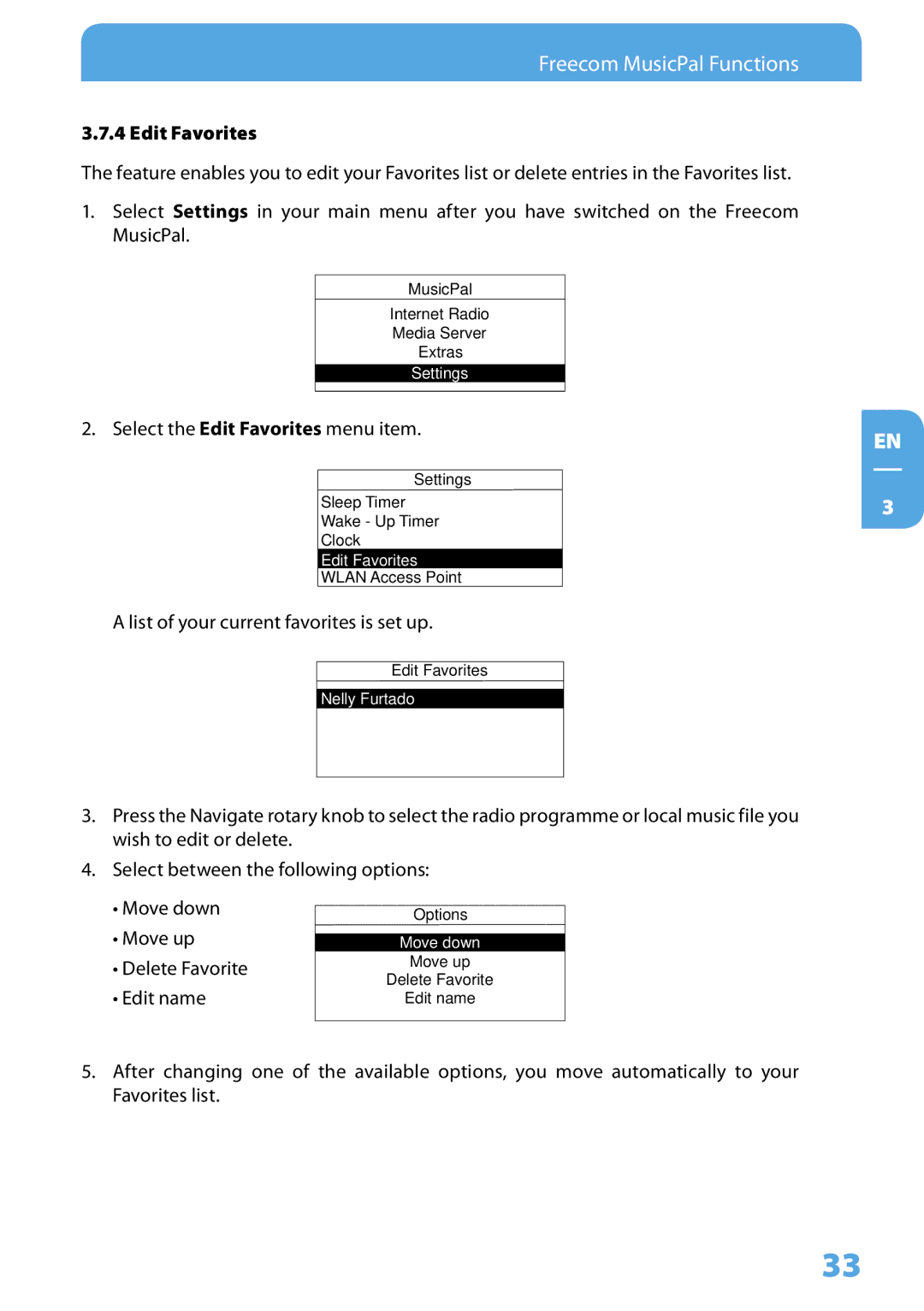 Freecom Technologies MusicPal user manual Edit Favorites 