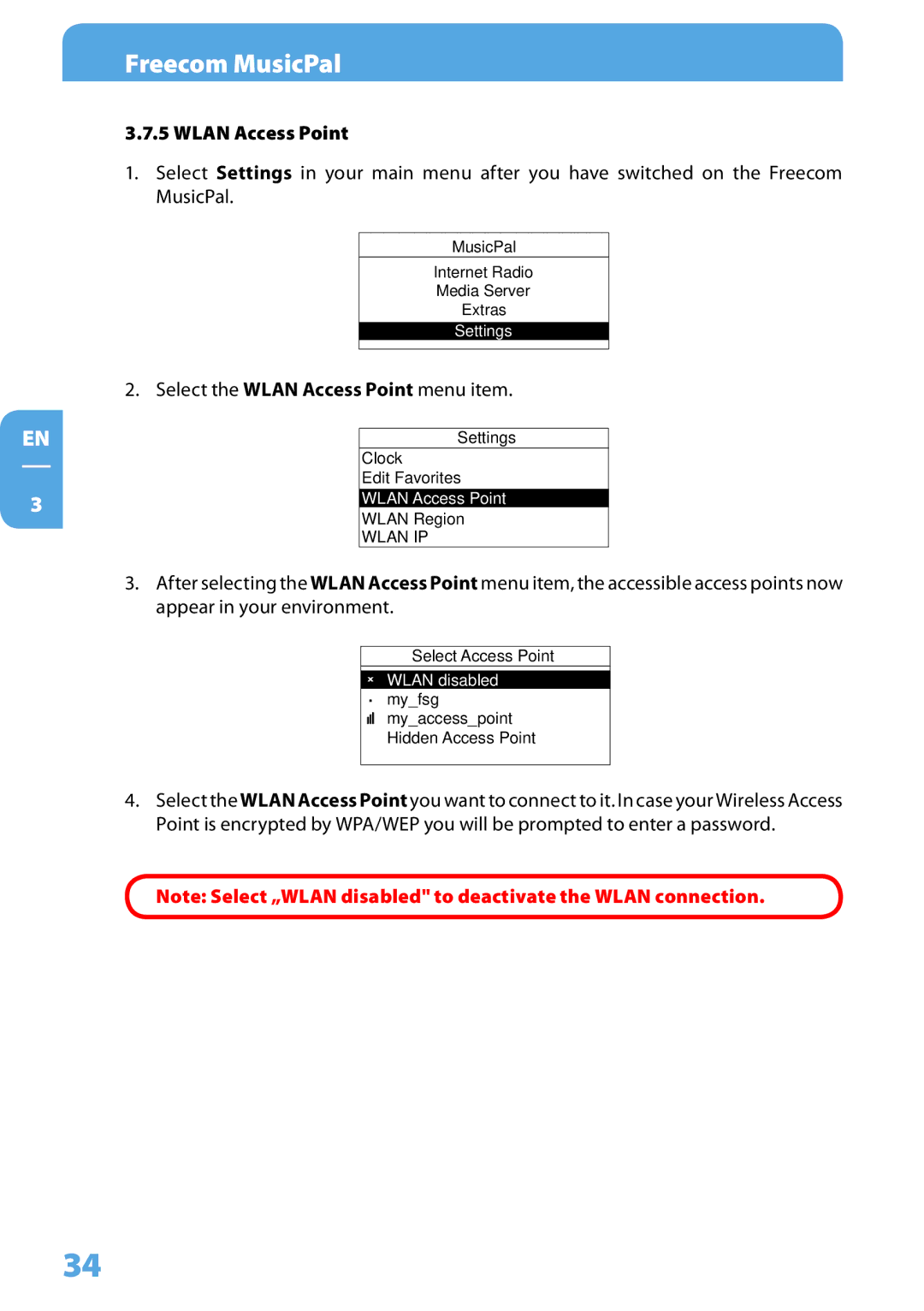 Freecom Technologies MusicPal user manual Wlan Access Point 