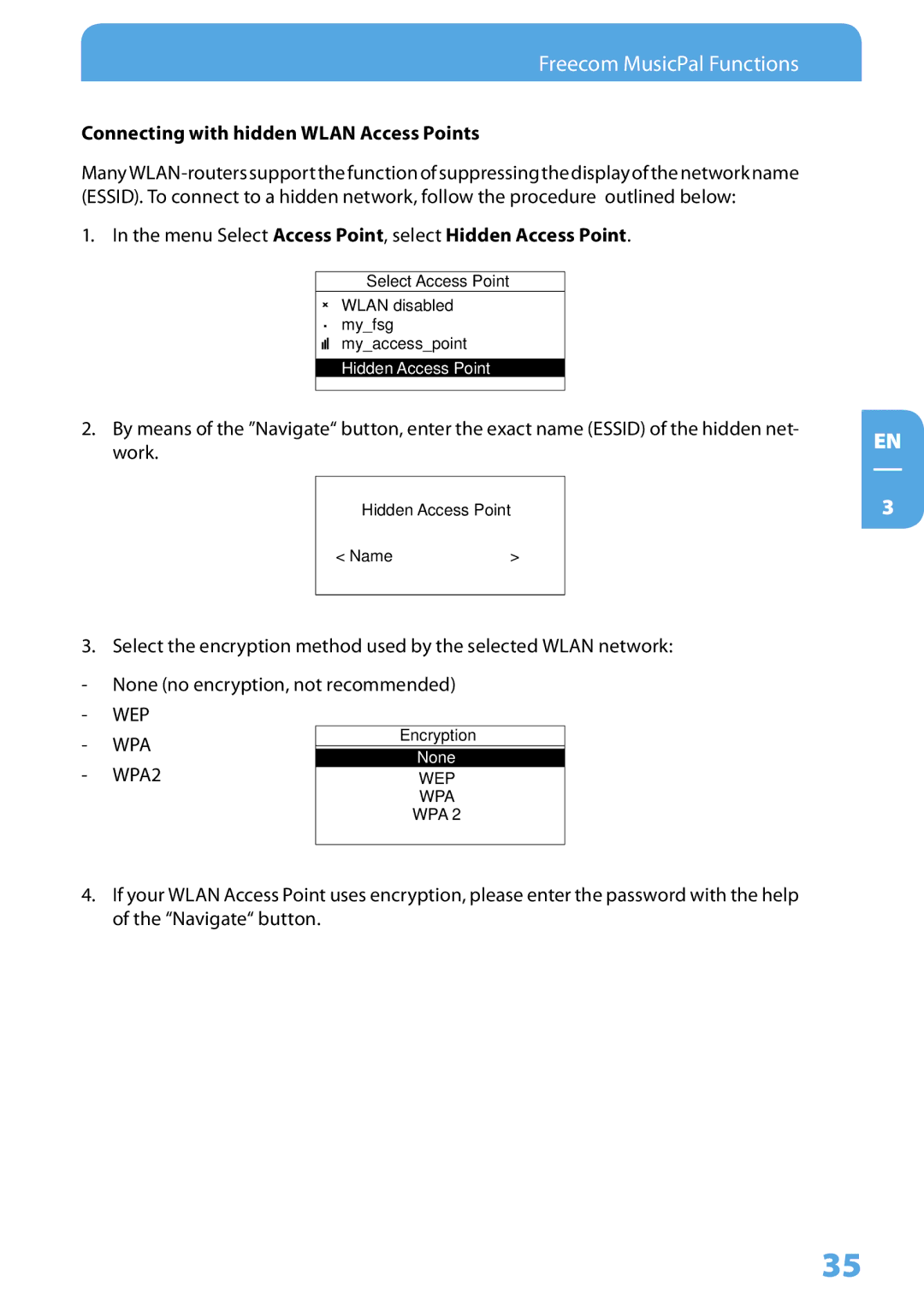 Freecom Technologies MusicPal user manual Connecting with hidden Wlan Access Points 