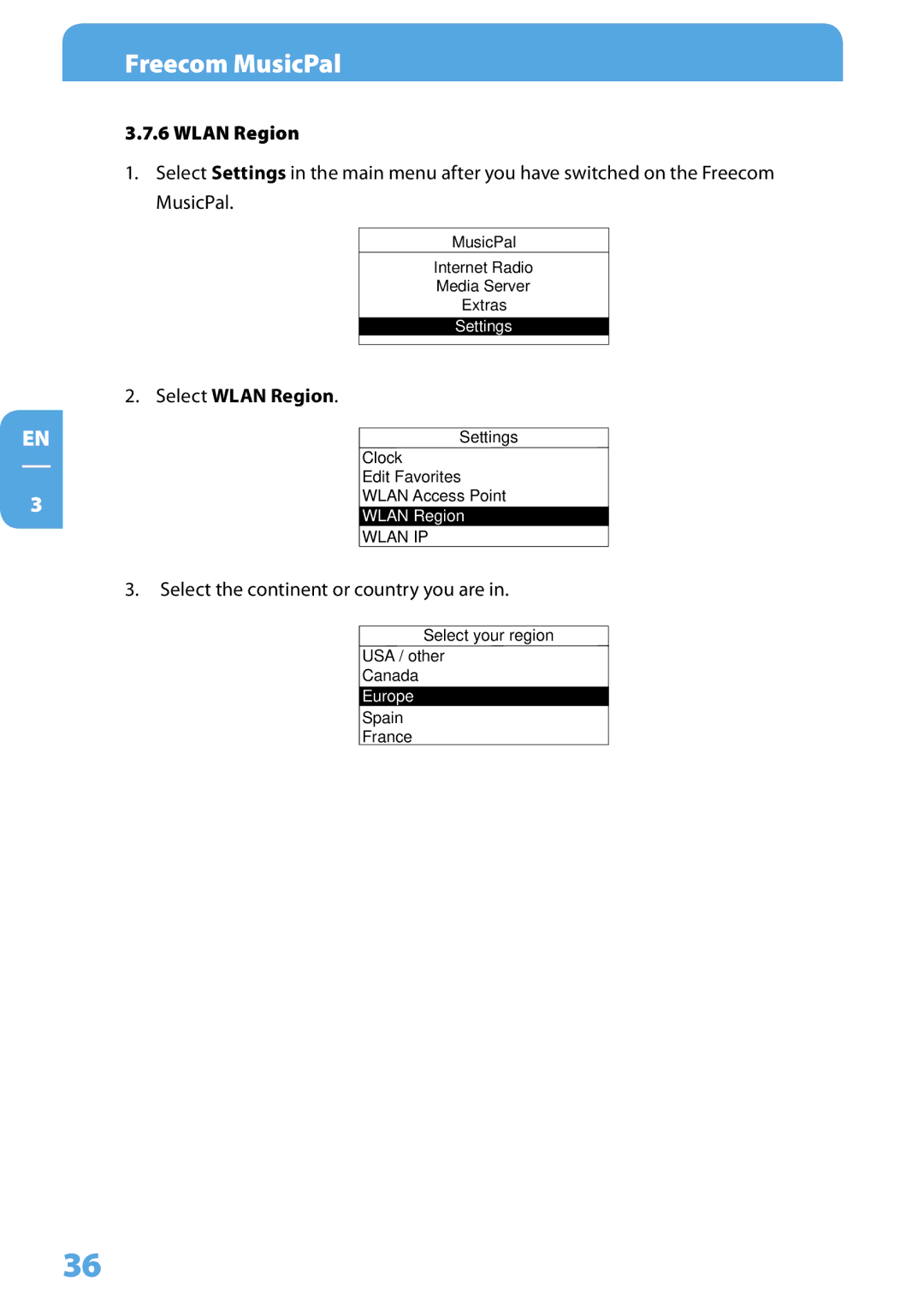 Freecom Technologies MusicPal user manual Select Wlan Region 