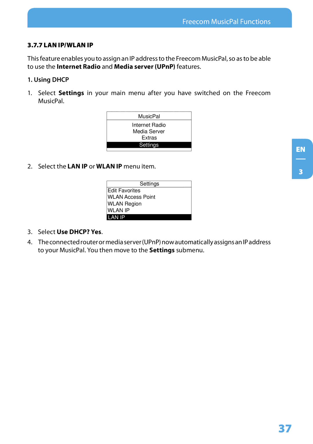 Freecom Technologies MusicPal user manual Using Dhcp, Select Use DHCP? Yes 