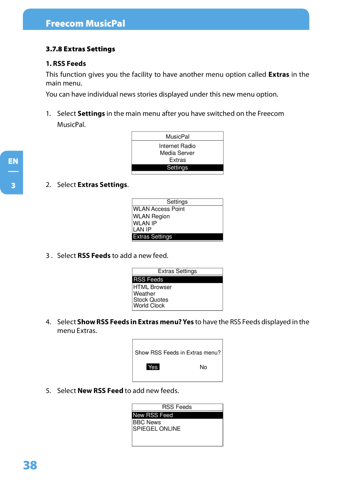 Freecom Technologies MusicPal user manual Extras Settings RSS Feeds, Select Extras Settings 