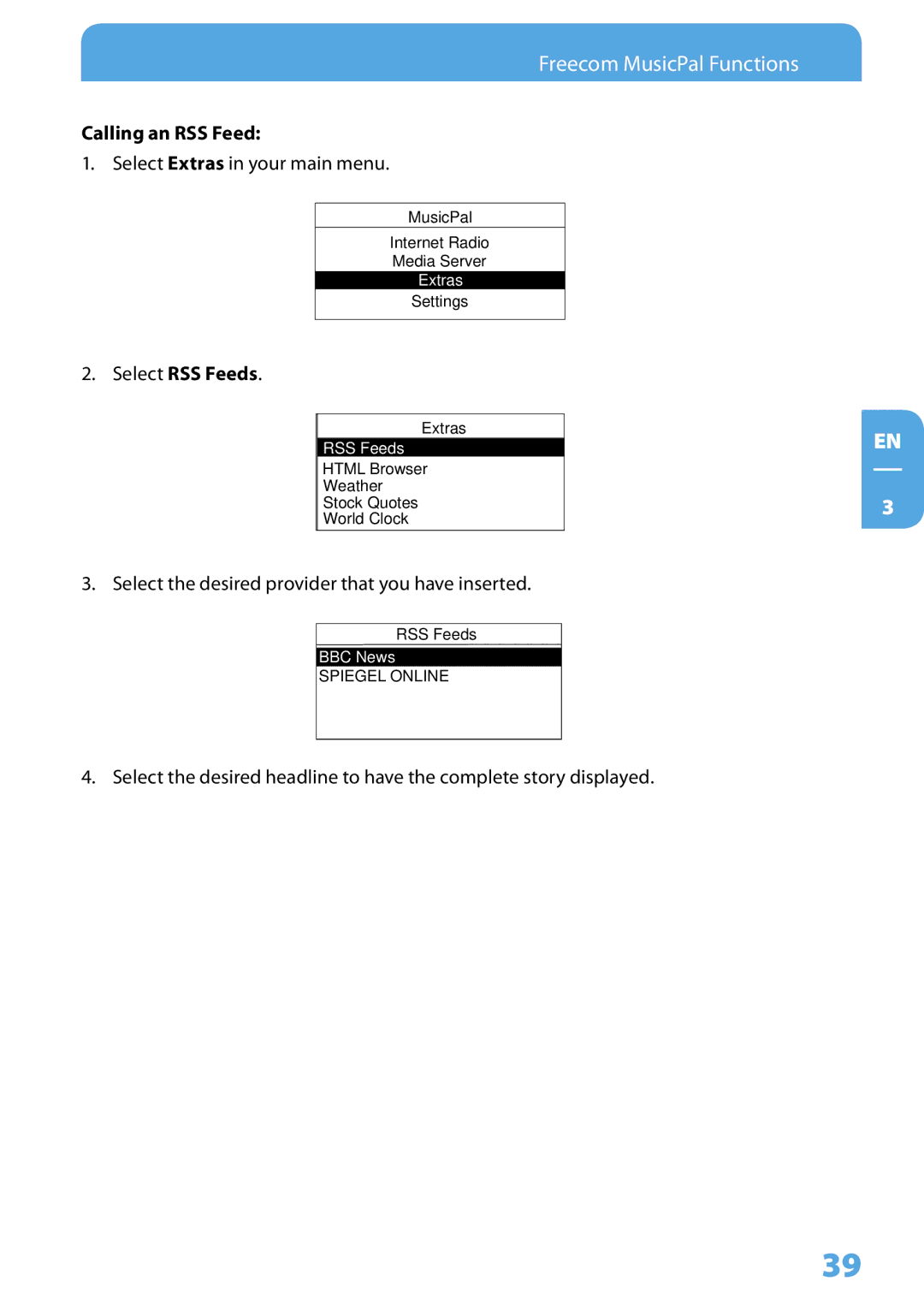 Freecom Technologies MusicPal user manual Calling an RSS Feed, Select RSS Feeds 