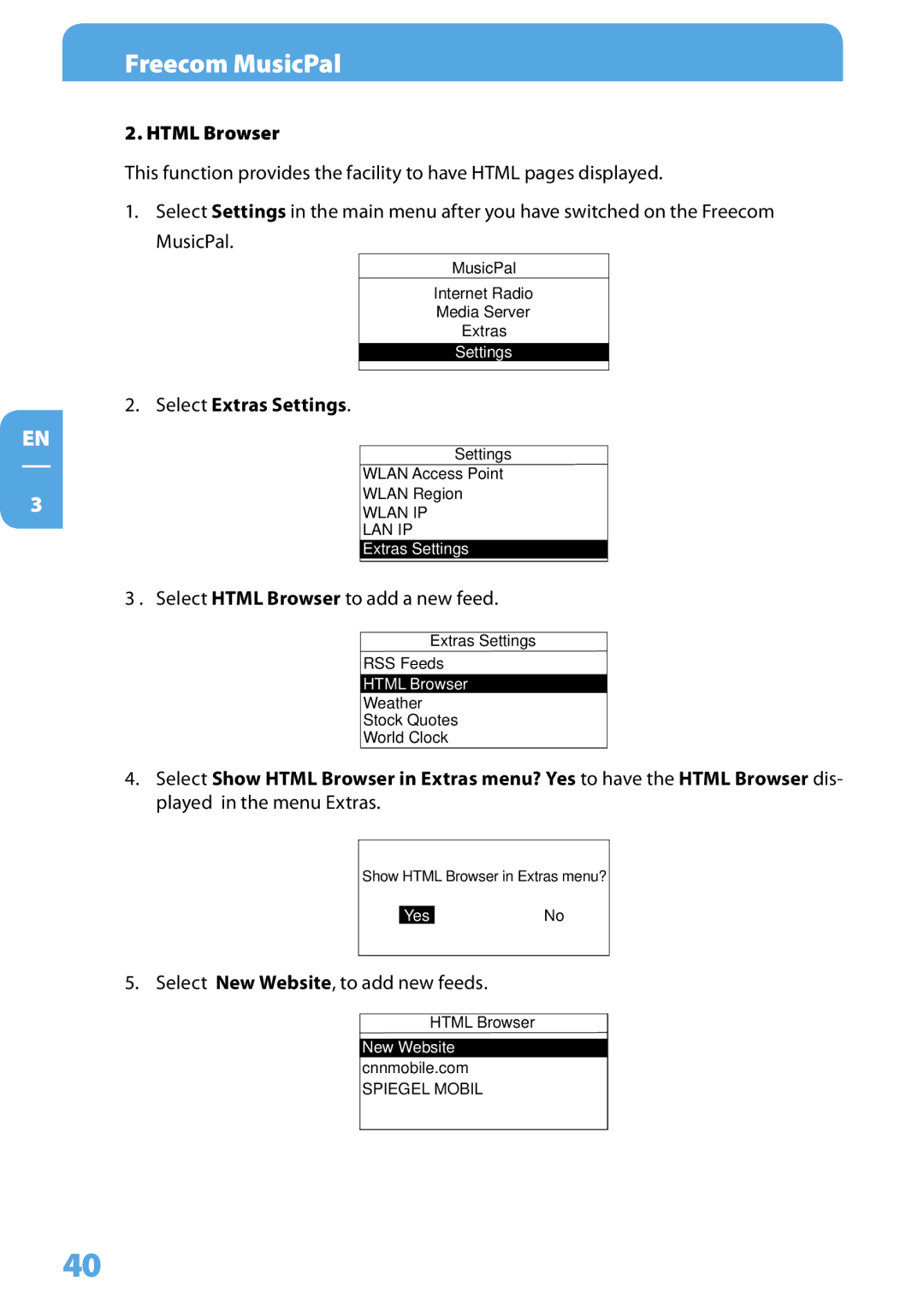 Freecom Technologies MusicPal user manual Html Browser, Select Extras Settings 