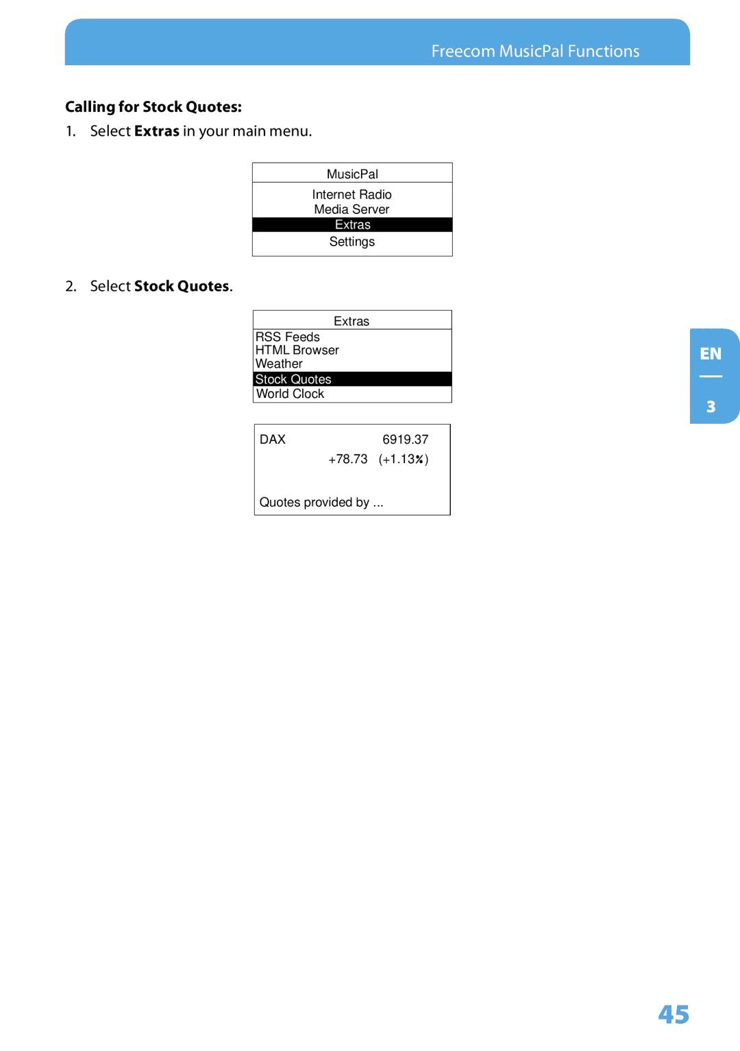 Freecom Technologies MusicPal user manual Calling for Stock Quotes, Select Stock Quotes 