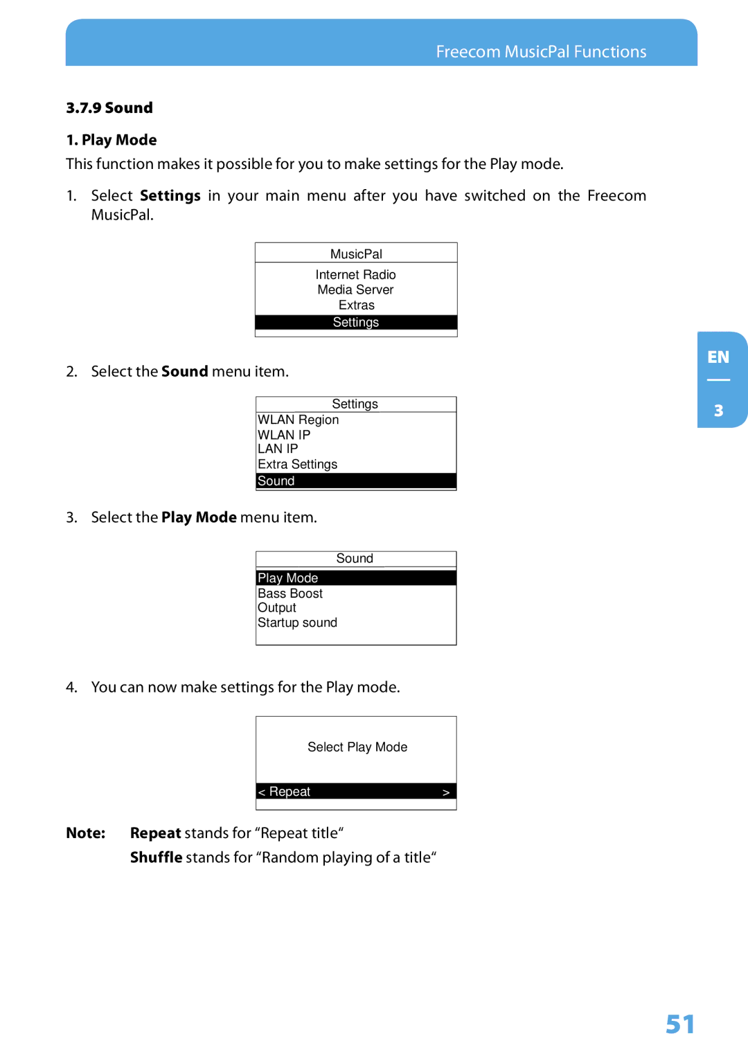 Freecom Technologies MusicPal user manual Sound Play Mode 