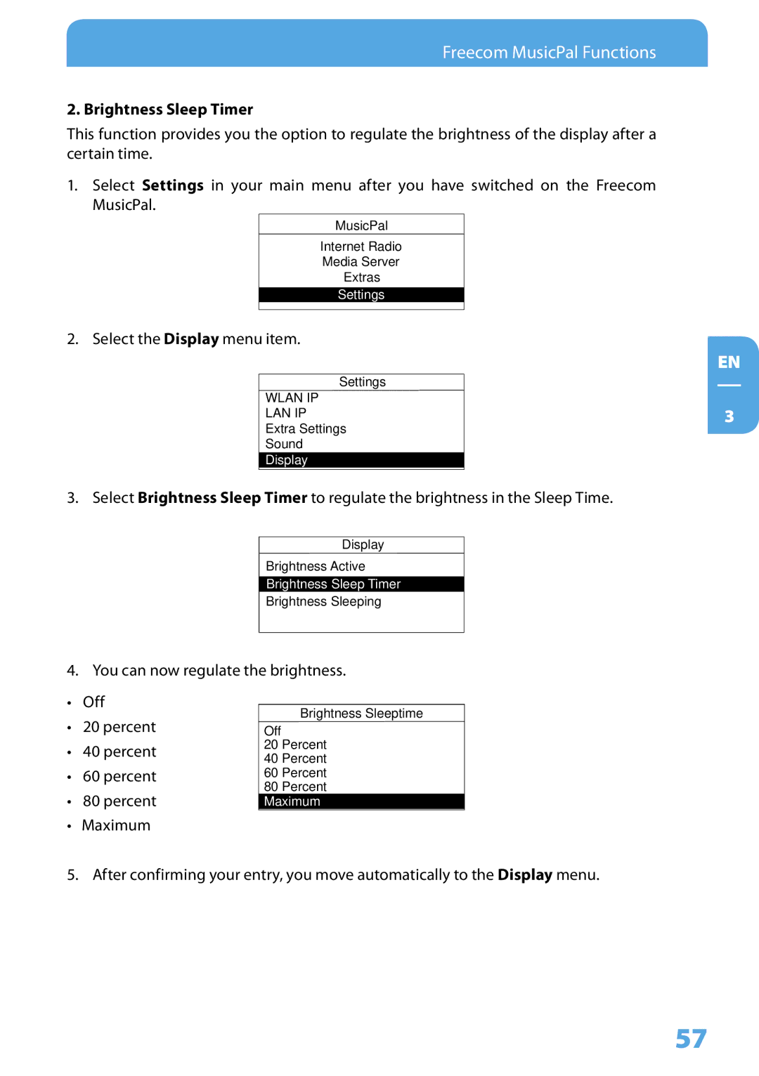 Freecom Technologies MusicPal user manual Brightness Sleep Timer 