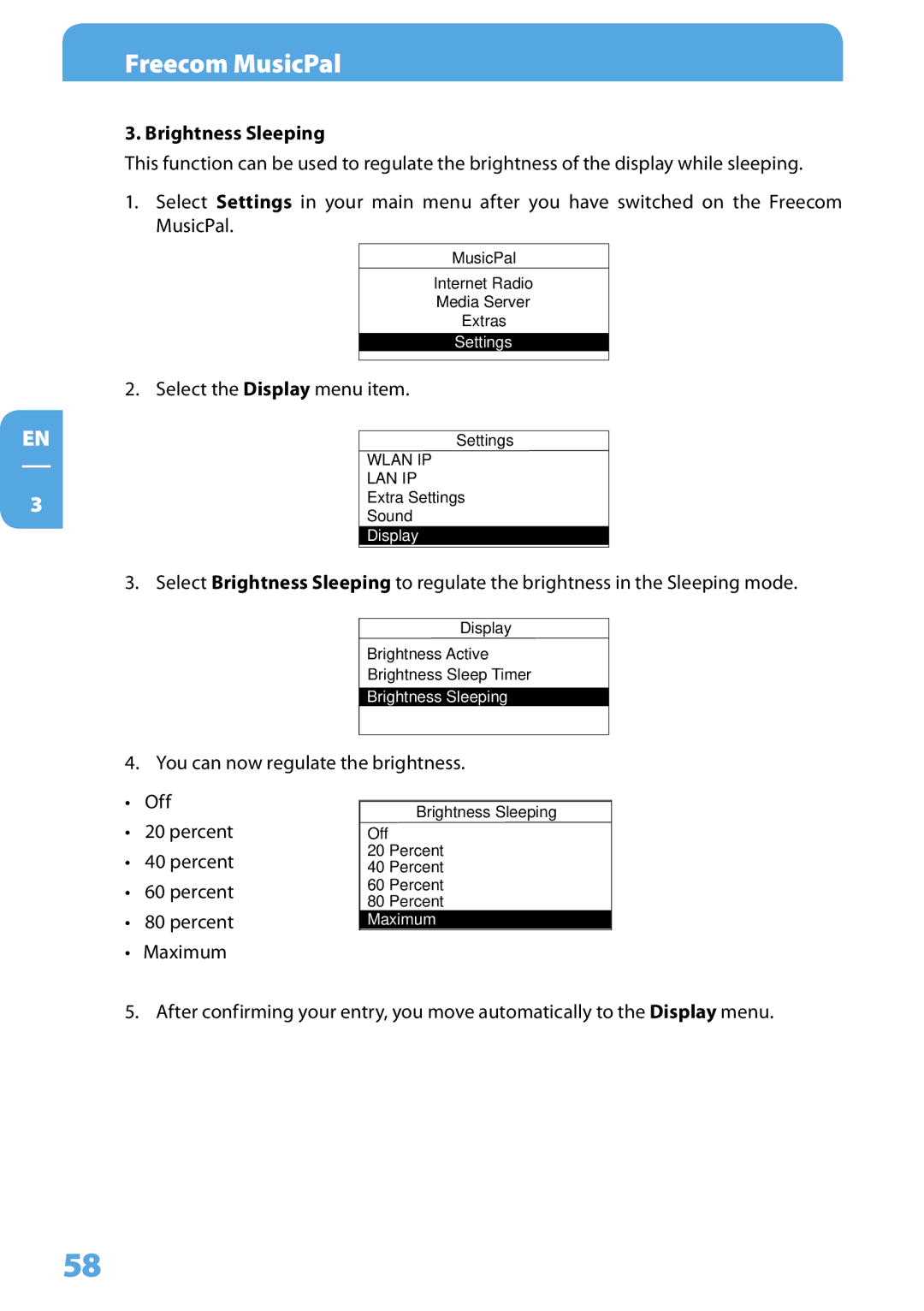 Freecom Technologies MusicPal user manual Brightness Sleeping 