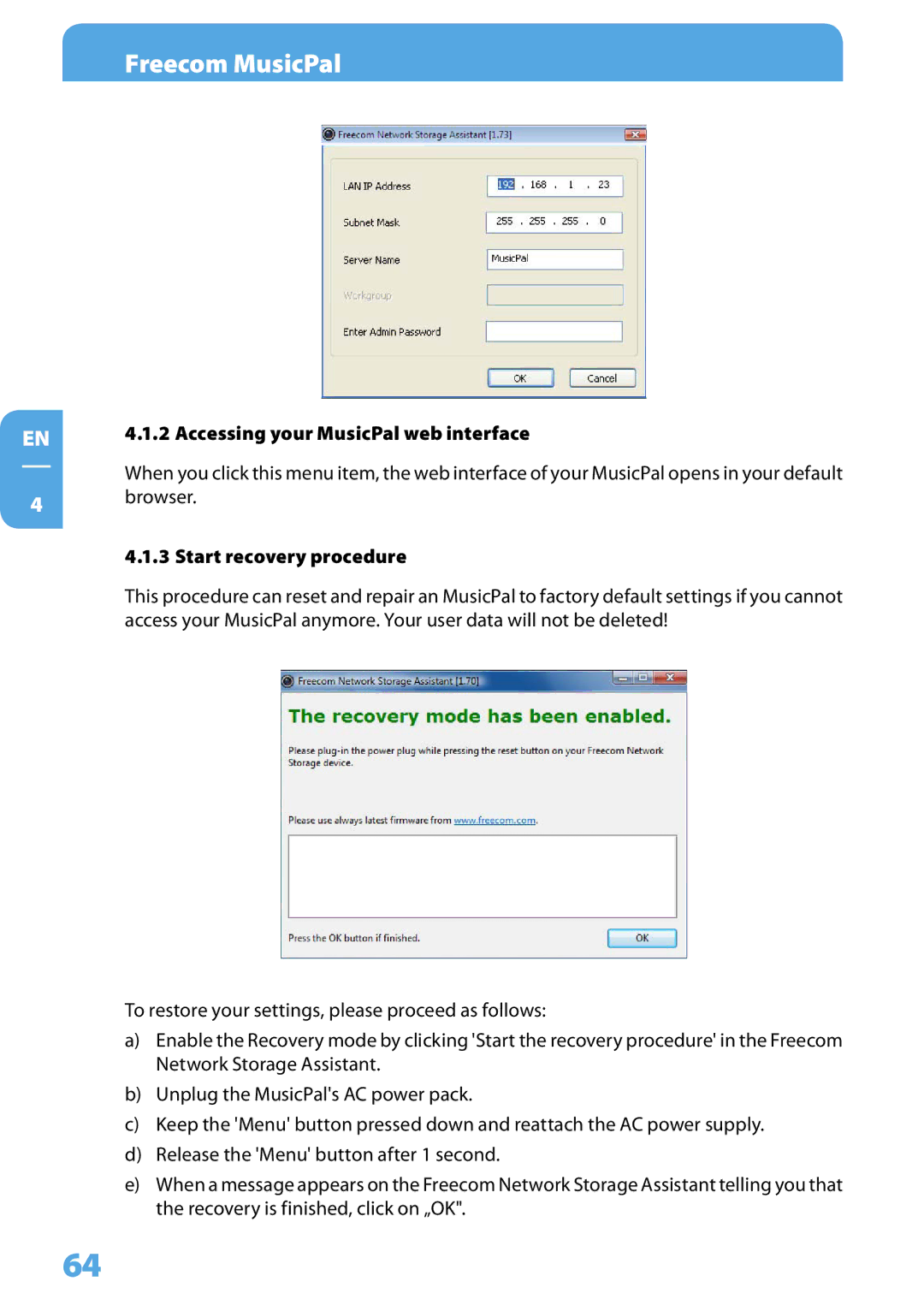 Freecom Technologies user manual Accessing your MusicPal web interface, Start recovery procedure 