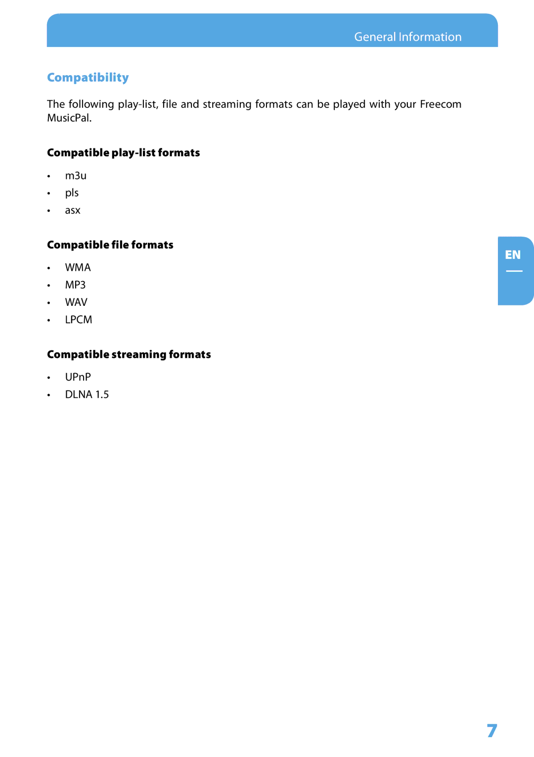 Freecom Technologies MusicPal user manual Compatibility, Compatible play-list formats, Compatible file formats 