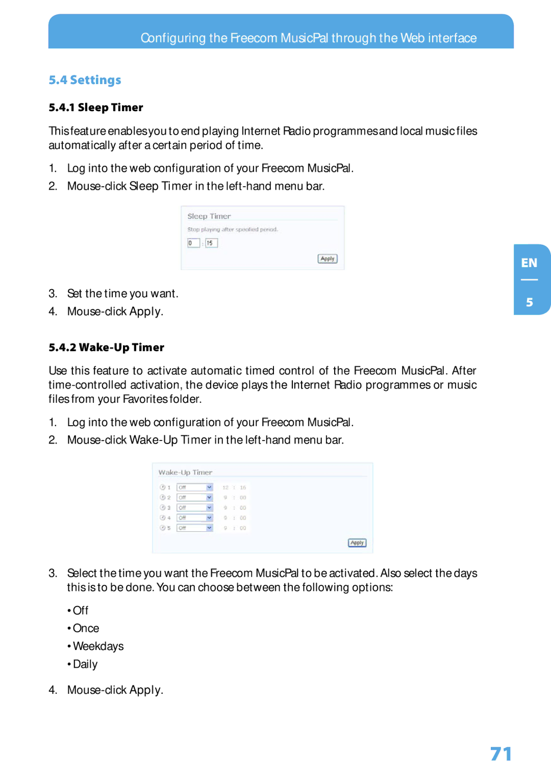 Freecom Technologies MusicPal user manual Settings 