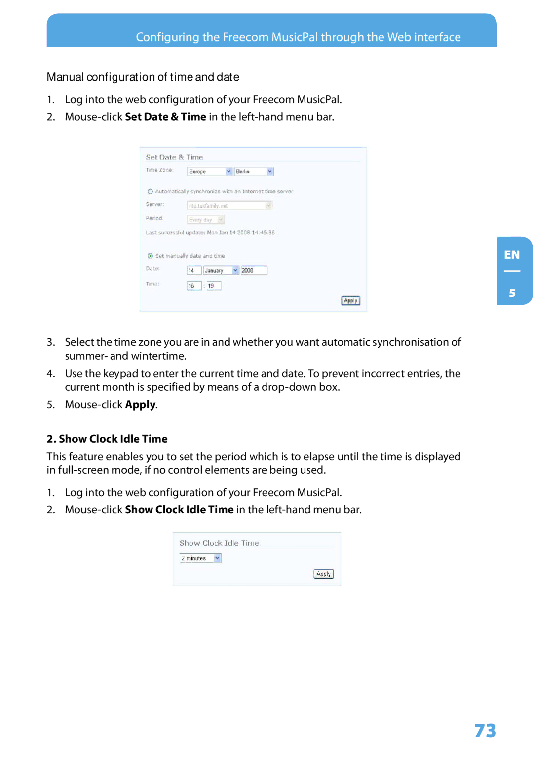 Freecom Technologies MusicPal user manual Manual configuration of time and date, Show Clock Idle Time 