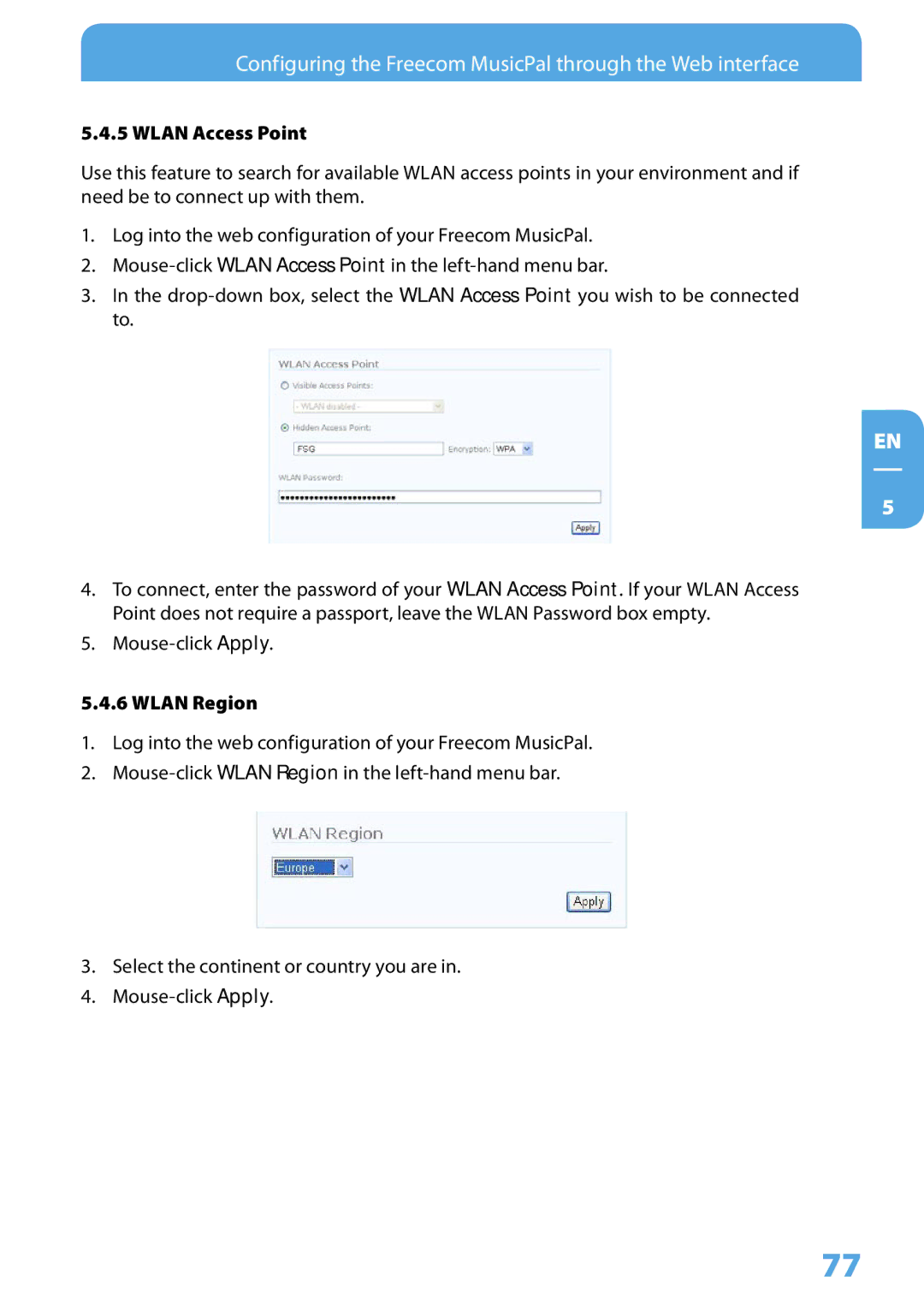 Freecom Technologies MusicPal user manual Wlan Access Point 