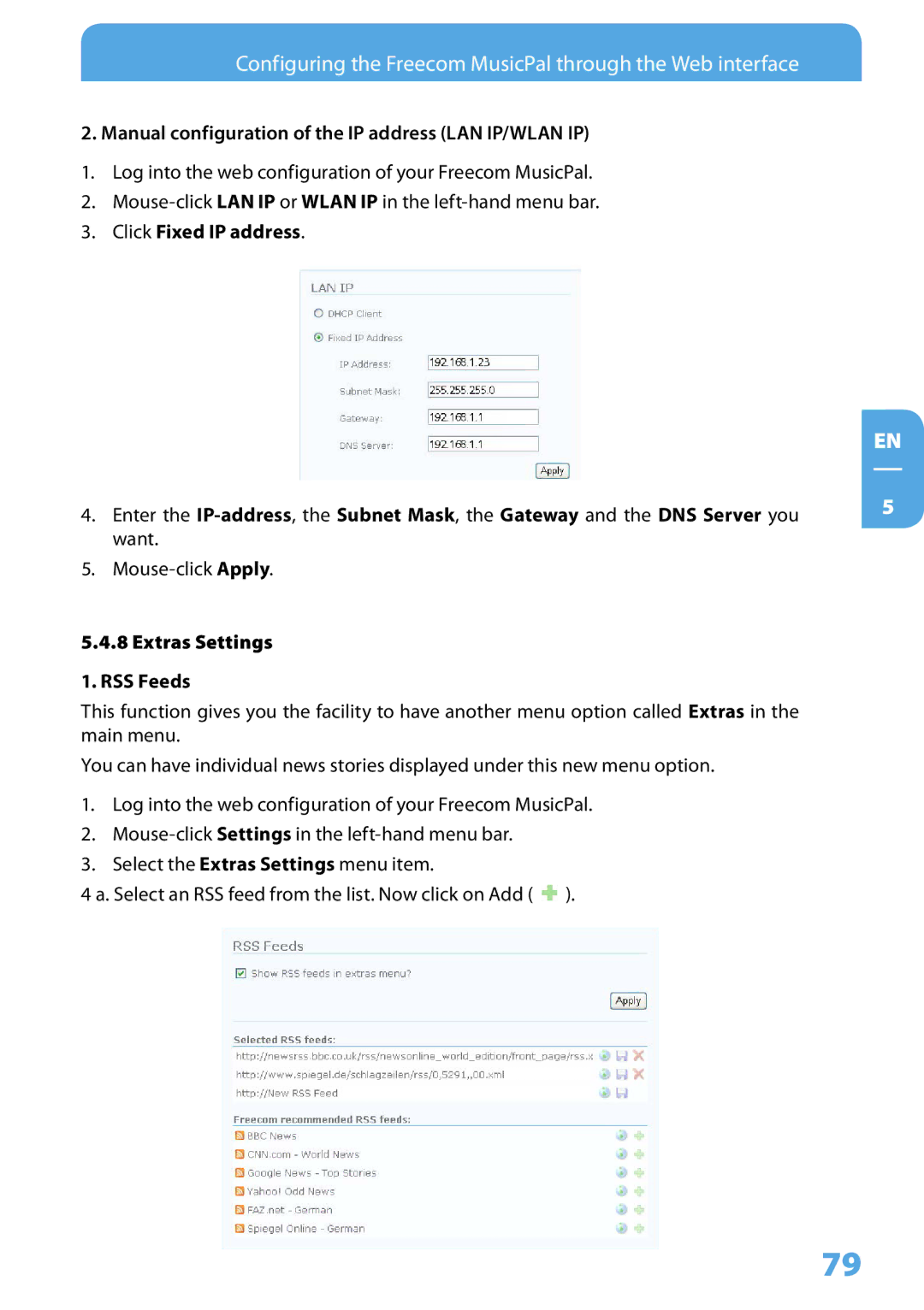 Freecom Technologies MusicPal user manual Manual configuration of the IP address LAN IP/WLAN IP 