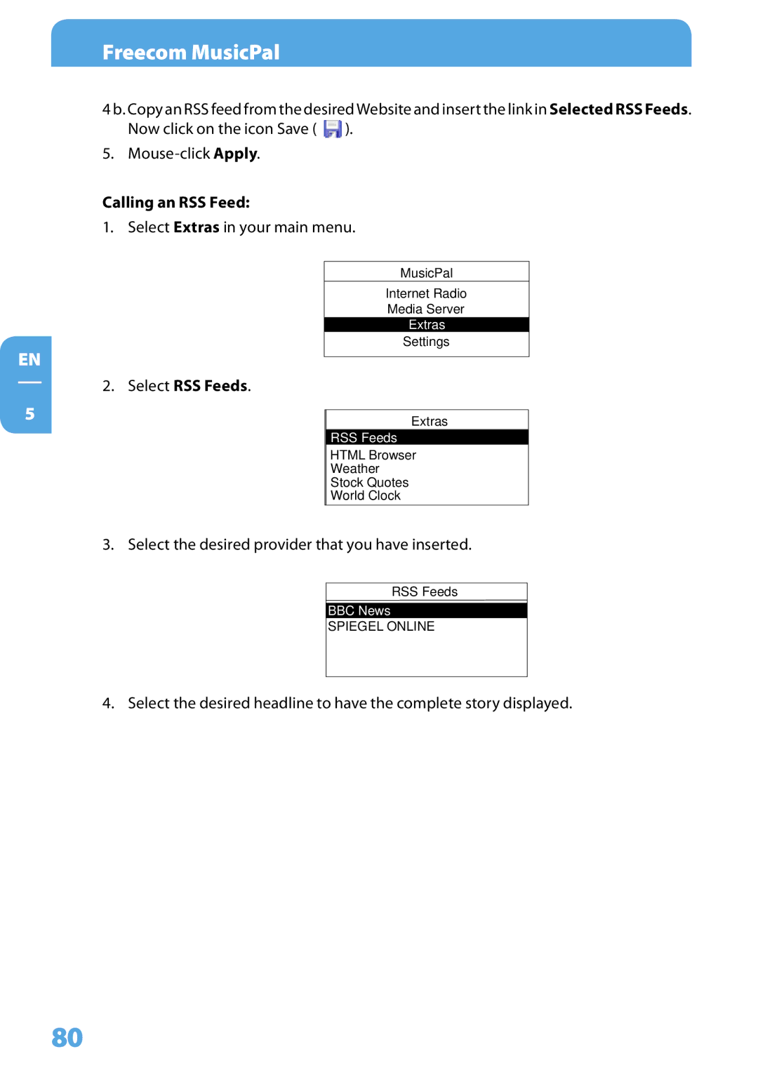 Freecom Technologies MusicPal user manual Settings Extras 