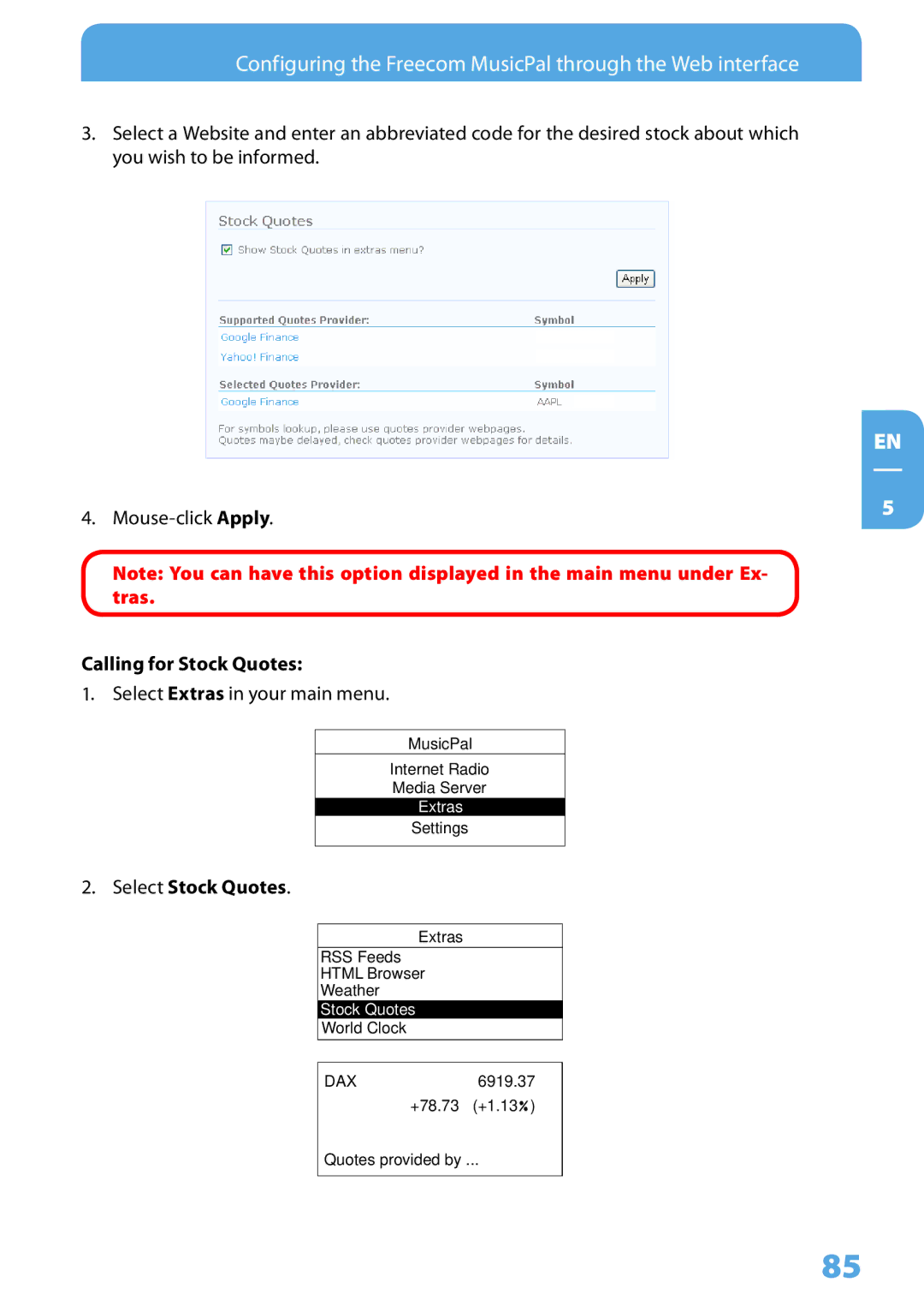 Freecom Technologies MusicPal user manual Calling for Stock Quotes 