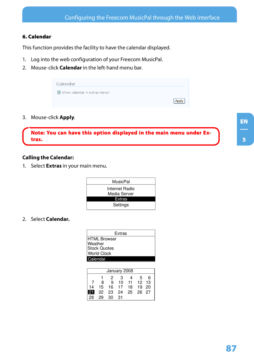 Freecom Technologies MusicPal user manual Select Calendar 