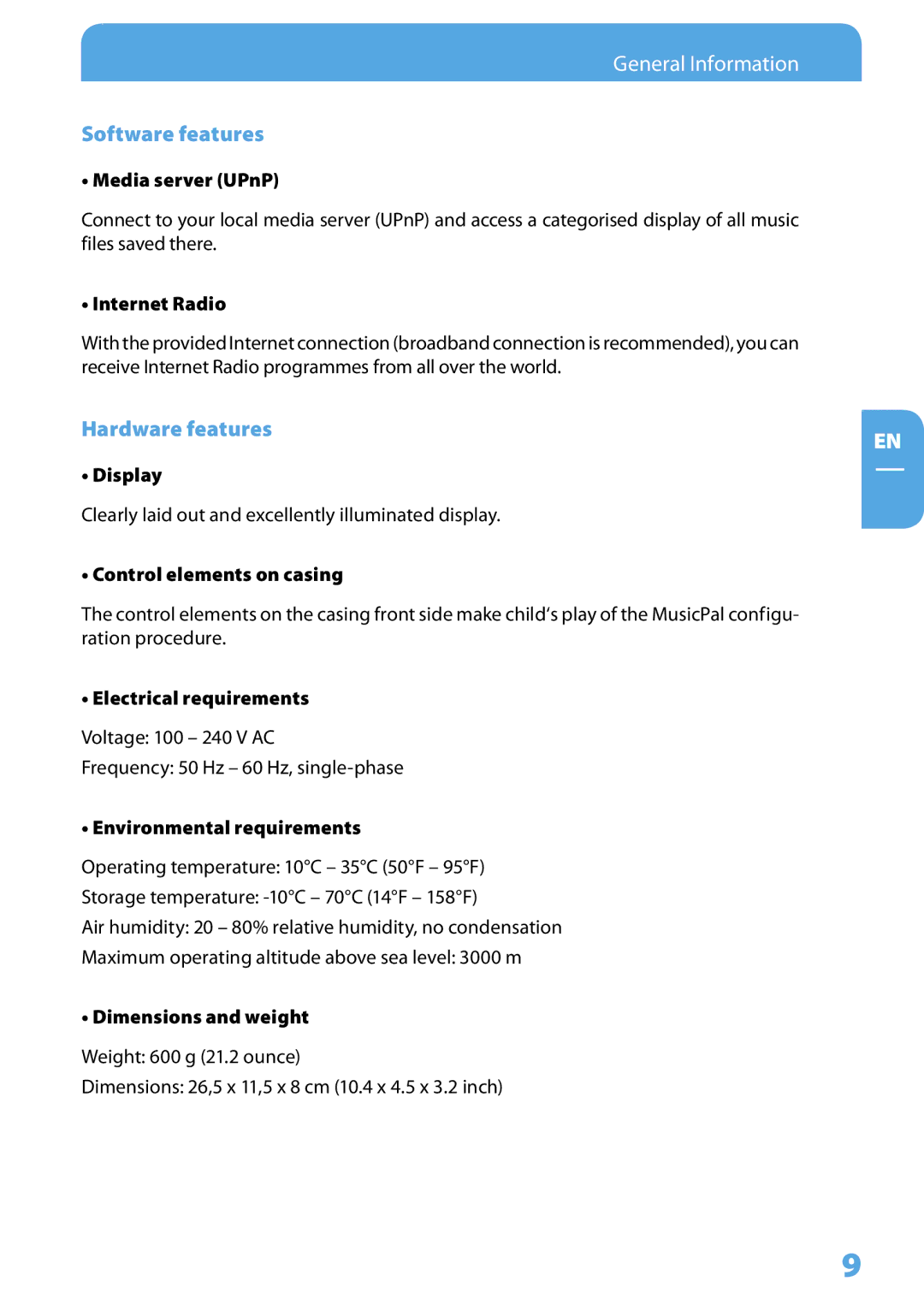 Freecom Technologies MusicPal user manual Software features, Hardware features 