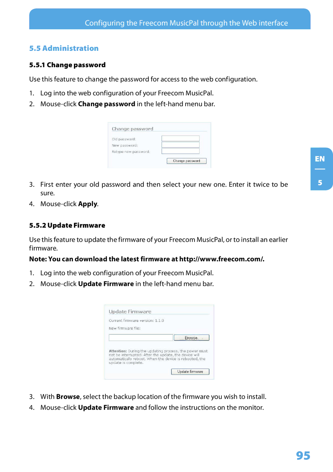 Freecom Technologies MusicPal user manual Administration, Change password, Update Firmware 