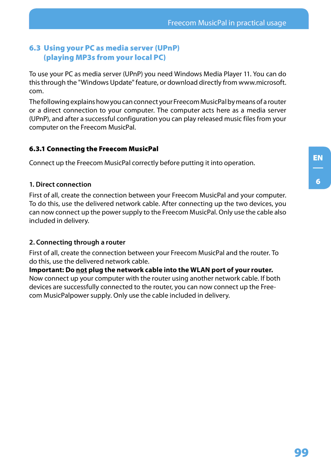 Freecom Technologies user manual Connecting the Freecom MusicPal, Direct connection, Connecting through a router 