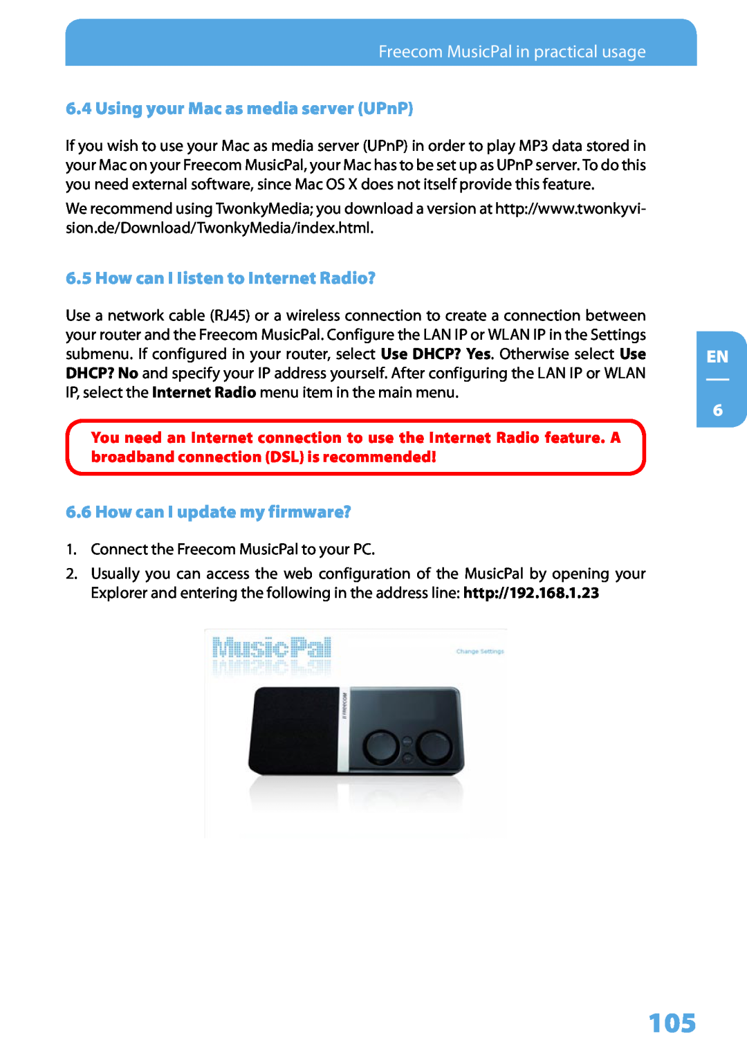 Freecom Technologies MusicPal user manual Using your Mac as media server UPnP, How can I Iisten to Internet Radio?, EN 6 