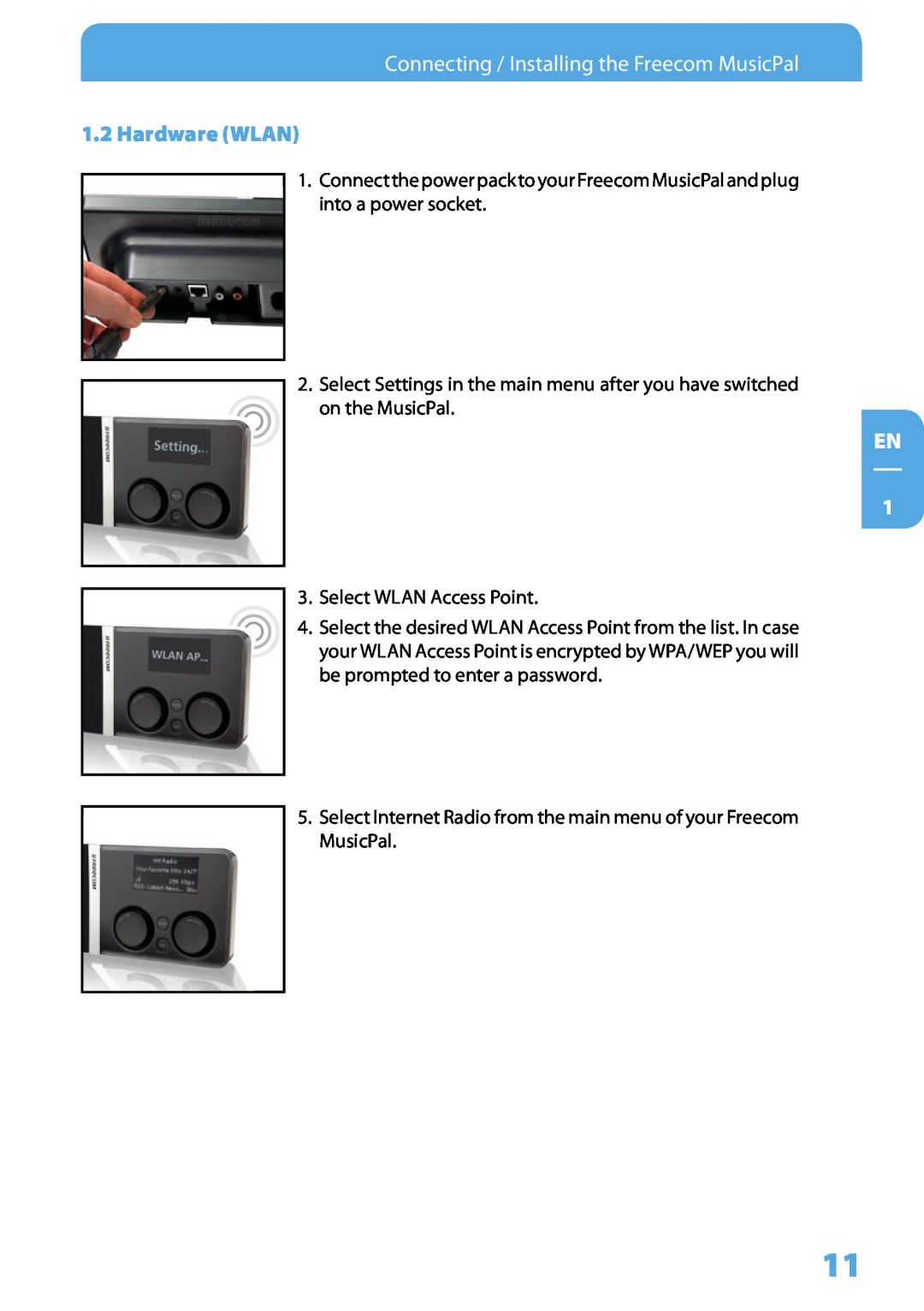 Freecom Technologies user manual Connecting / Installing the Freecom MusicPal, 1. Hardware WLAN, EN 1 