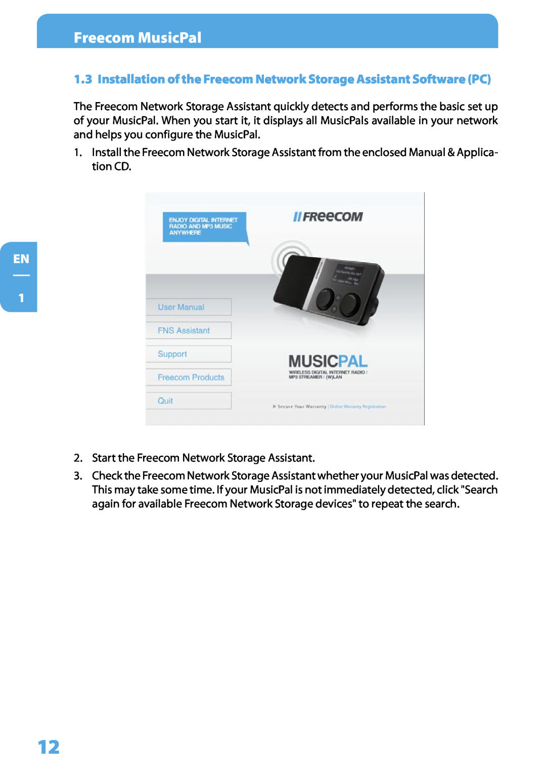 Freecom Technologies user manual Freecom MusicPal, EN 1, Start the Freecom Network Storage Assistant 