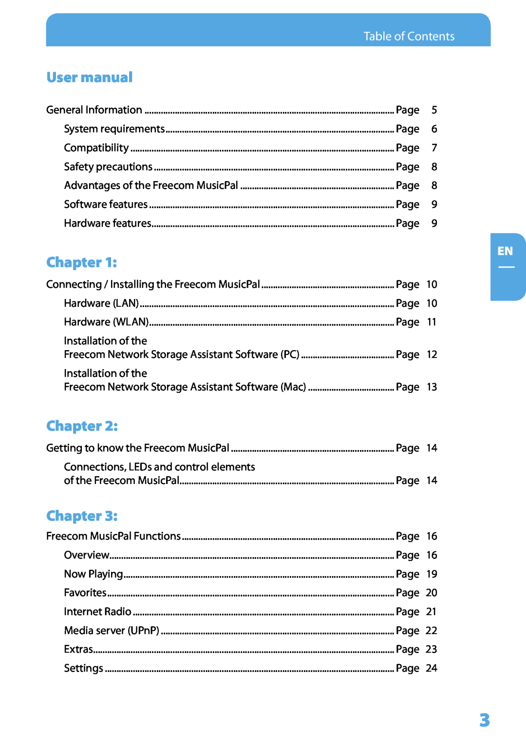 Freecom Technologies MusicPal user manual User manual, Chapter, Table of Contents 