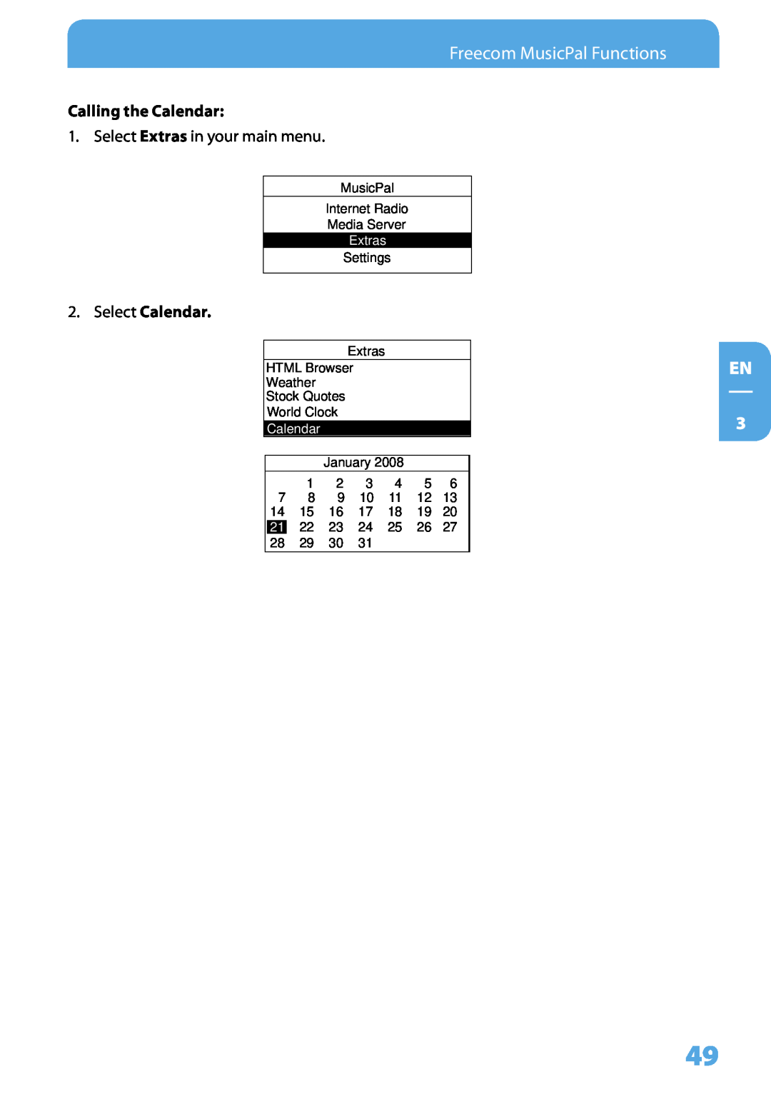 Freecom Technologies user manual Freecom MusicPal Functions, EN 3, Calling the Calendar, Select Calendar, Extras 