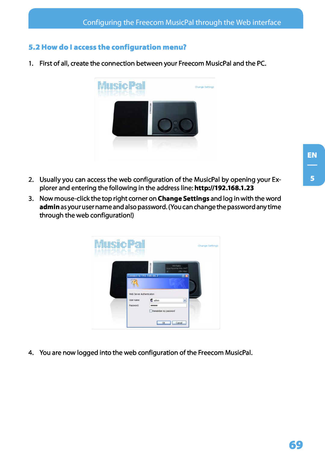 Freecom Technologies MusicPal user manual How do I access the configuration menu?, EN 5 