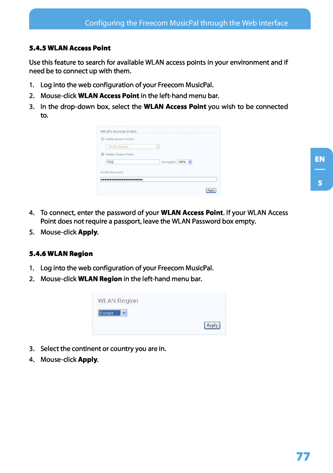 Freecom Technologies MusicPal user manual EN 5, WLAN Access Point, WLAN Region 