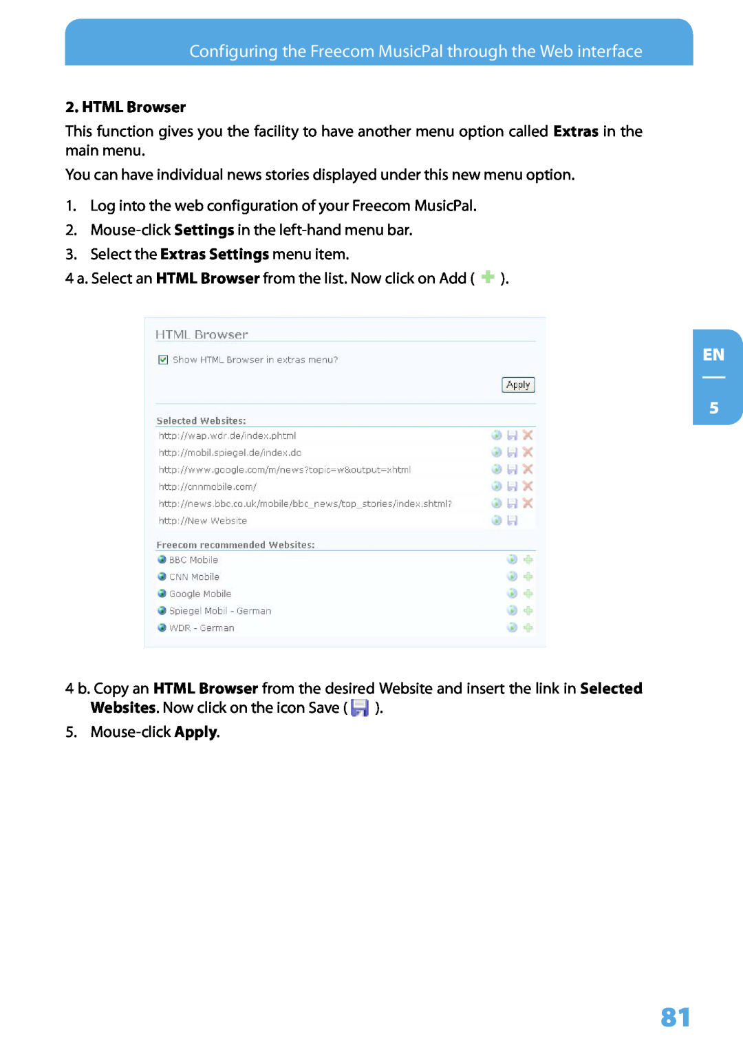 Freecom Technologies MusicPal user manual EN 5, HTML Browser, Mouse-click Settings in the left-handmenu bar 