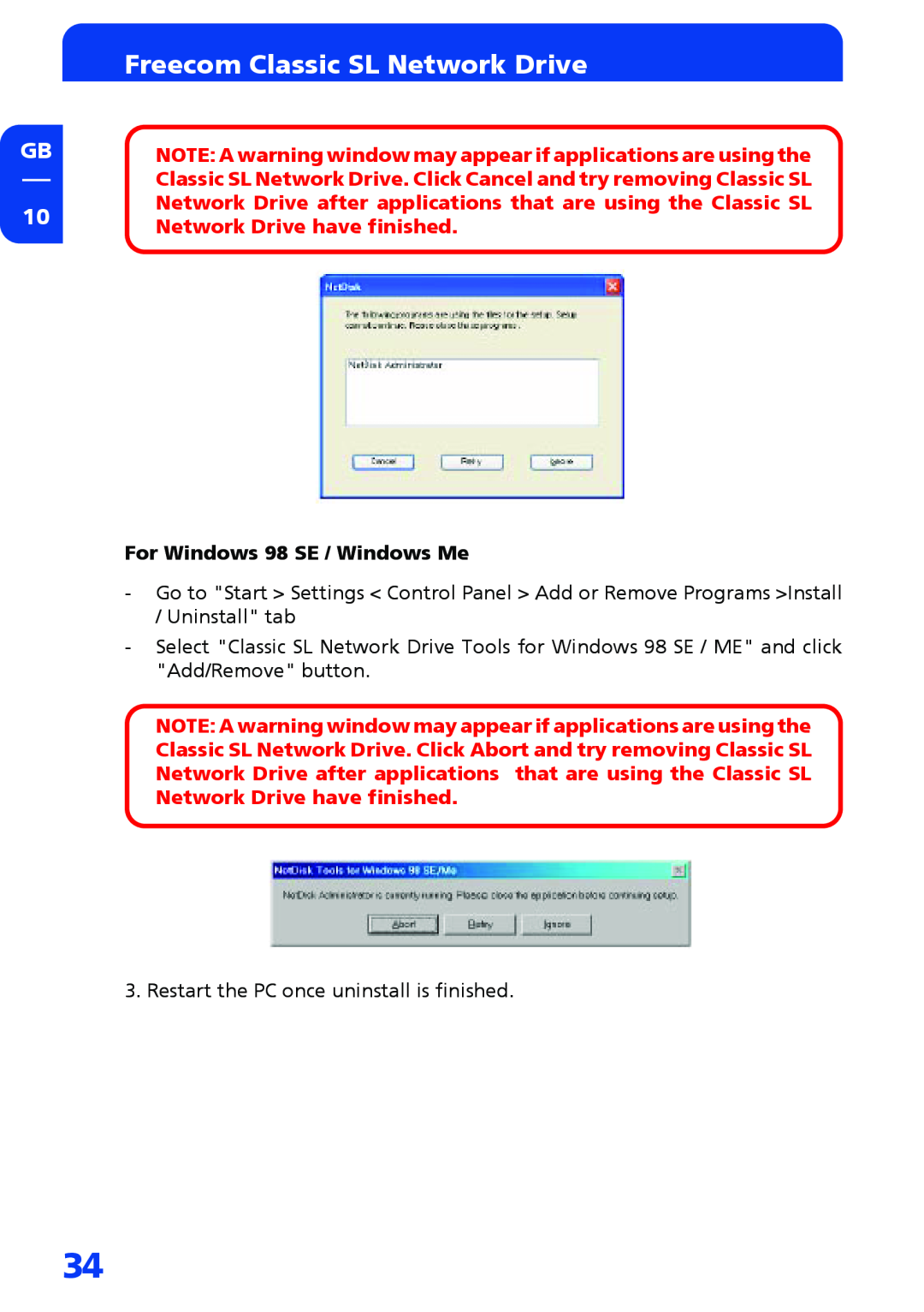 Freecom Technologies Network hard drive manual Freecom Classic SL Network Drive, For Windows 98 SE / Windows Me 