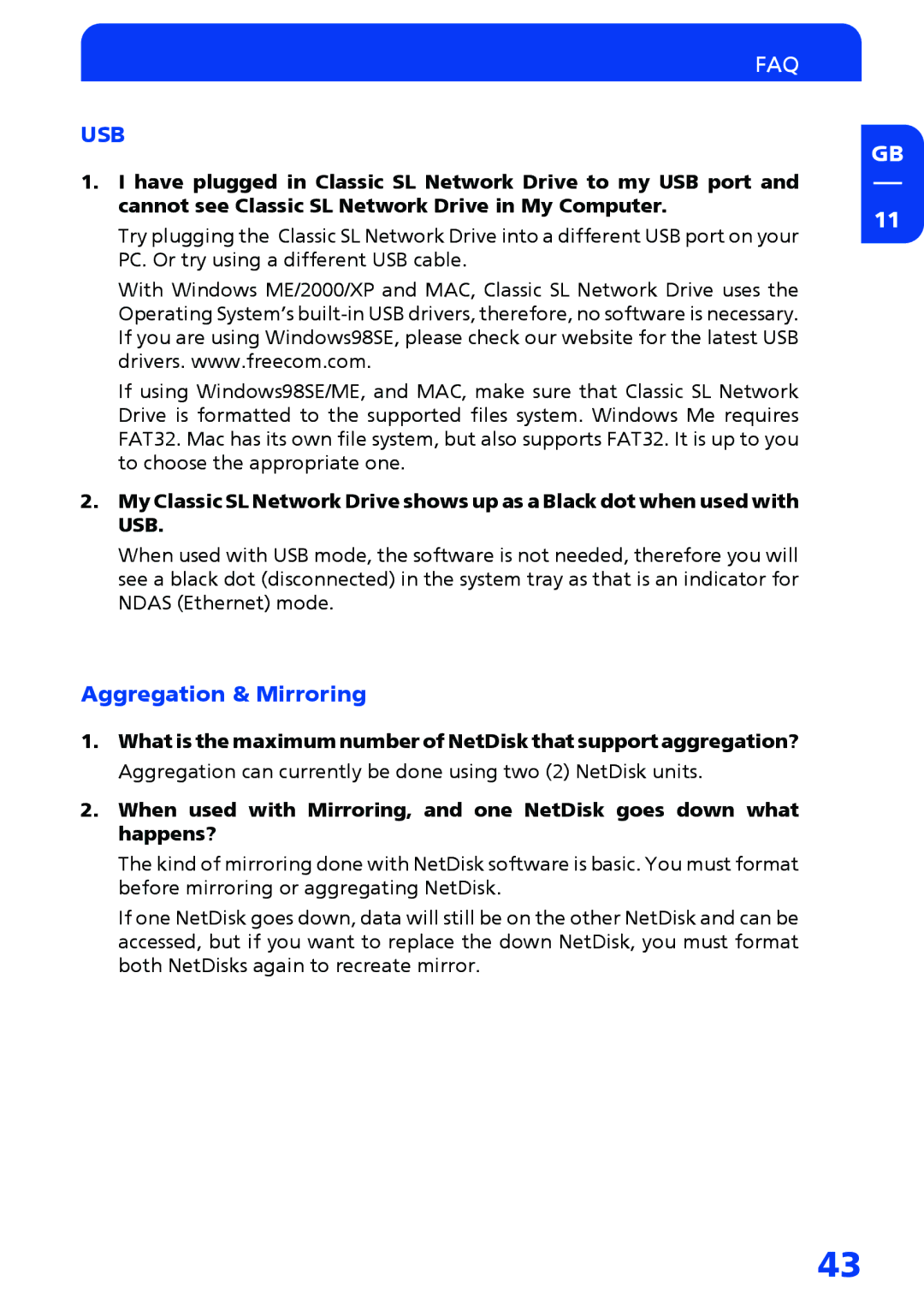 Freecom Technologies Network hard drive manual Usb, Aggregation & Mirroring 