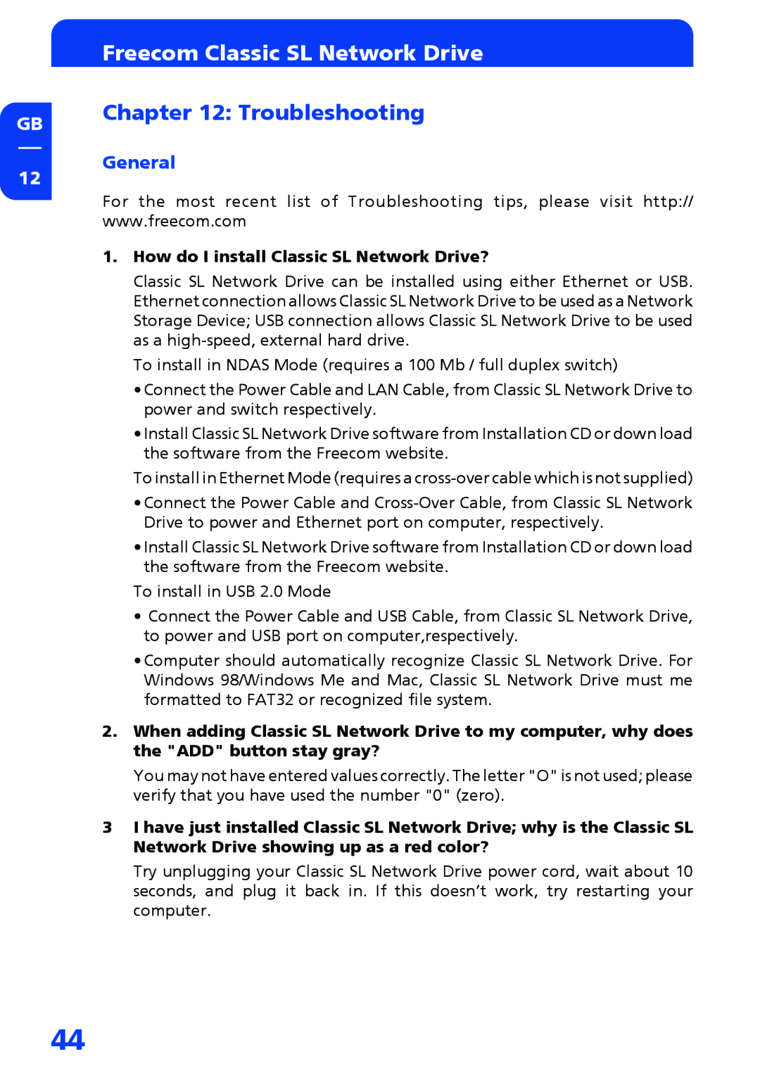 Freecom Technologies Network hard drive manual Troubleshooting, How do I install Classic SL Network Drive? 