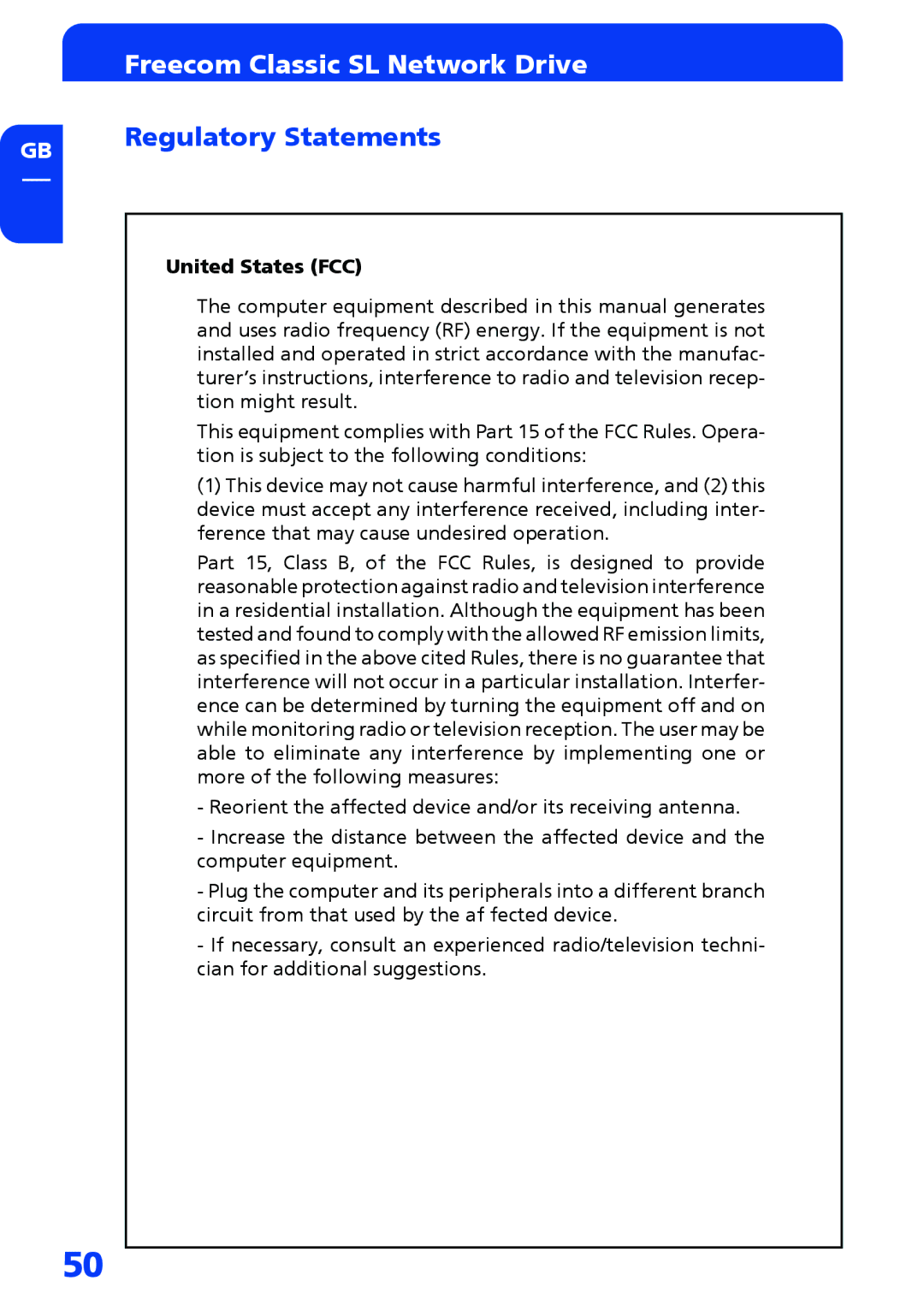 Freecom Technologies Network hard drive manual Regulatory Statements, United States FCC 