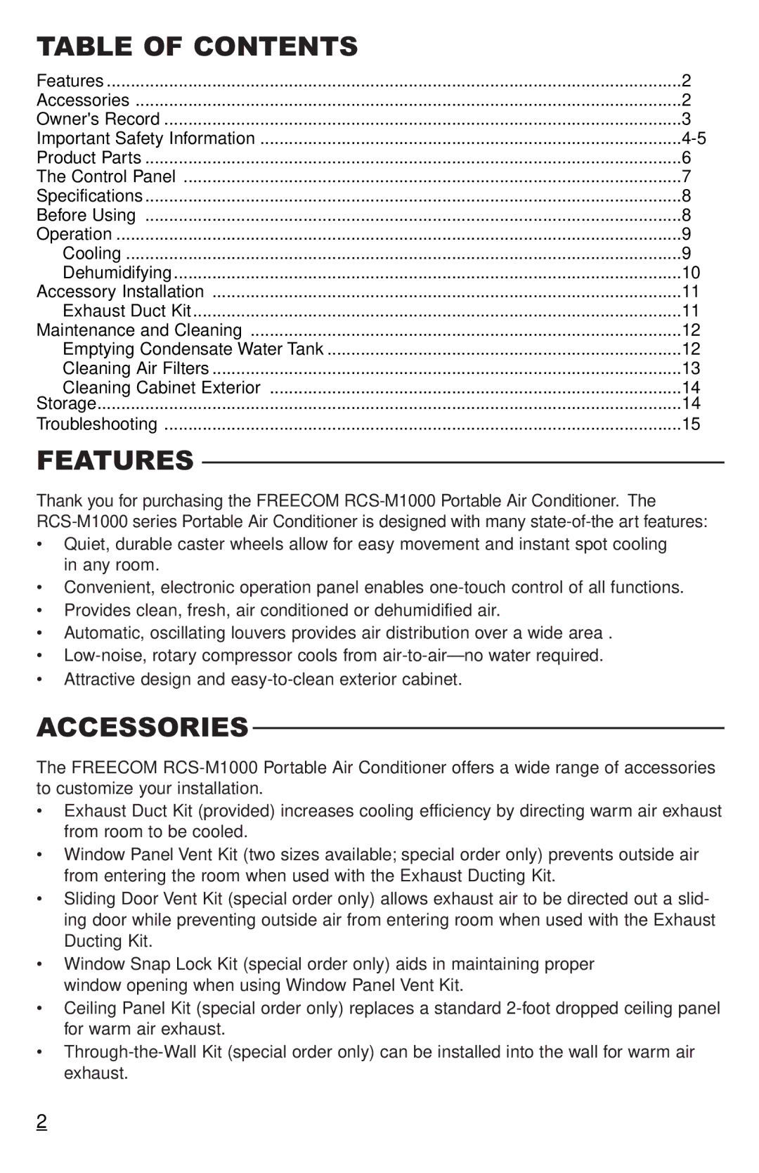 Freecom Technologies RCS-M1000U, RCS-M1000T manual Table of Contents, Features, Accessories 