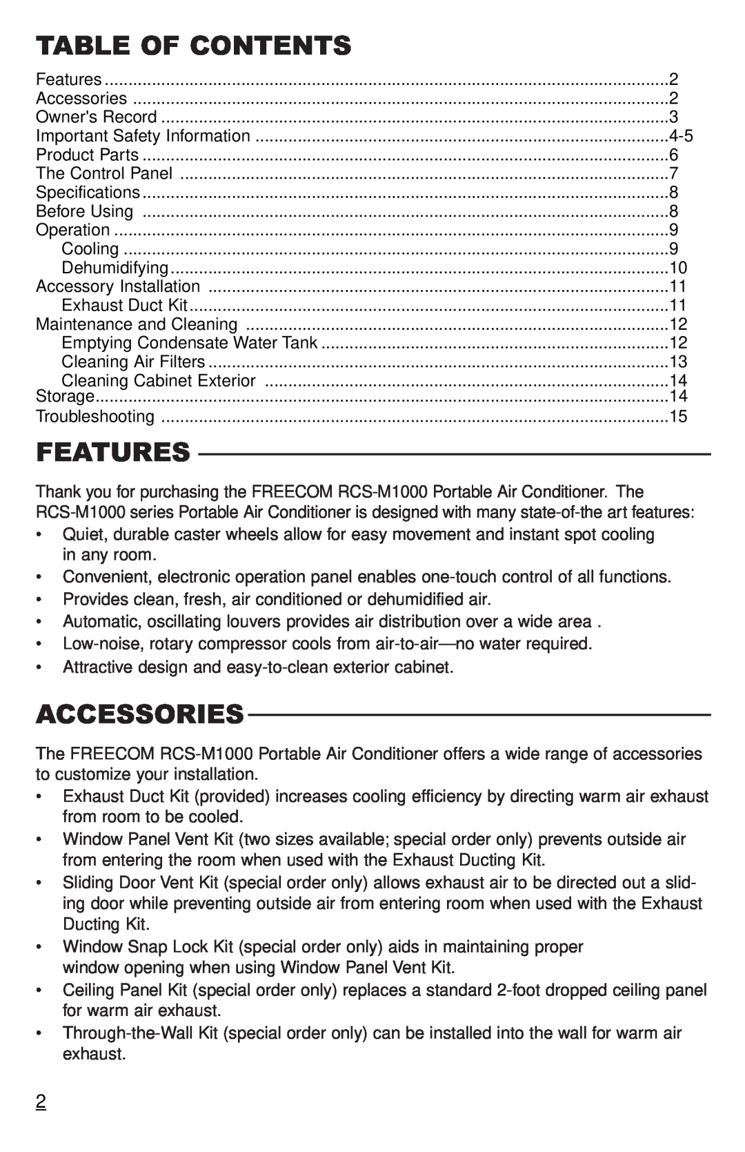 Freecom Technologies RCS-M1000U, RCS-M1000T manual Table Of Contents, Features, Accessories 