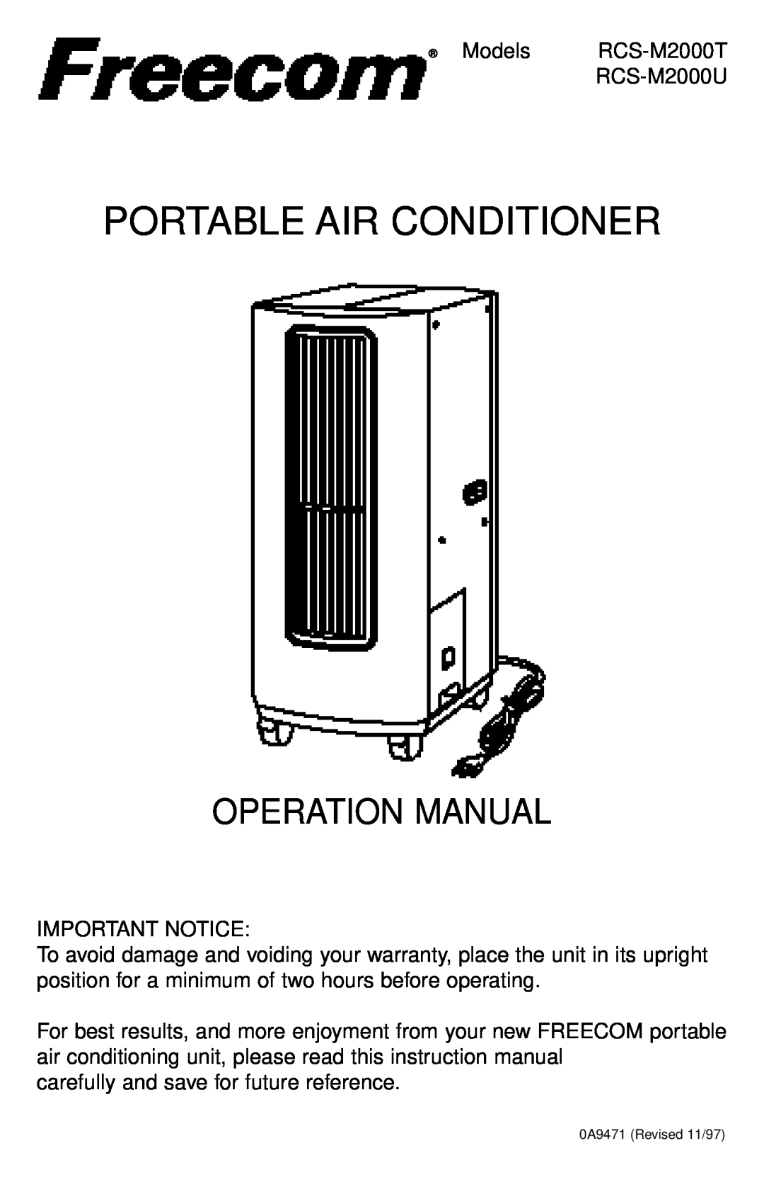 Freecom Technologies RCS-M2000T operation manual Models, RCS-M2000U, Important Notice, Portable Air Conditioner 