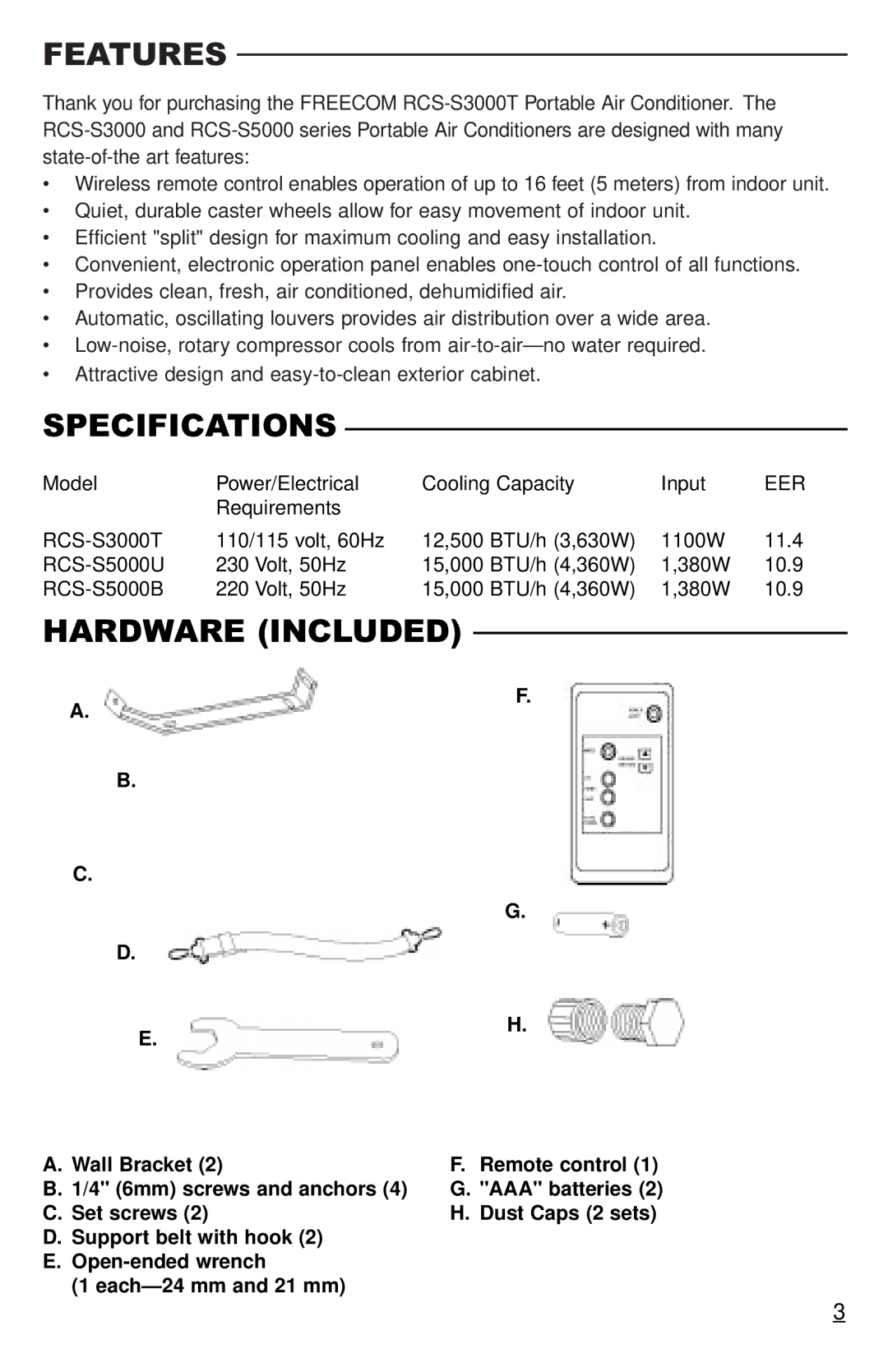 Freecom Technologies RCS-S3000T, RCS-S5000U, RCS-S5000B operation manual Features, Specifications, Hardware Included 