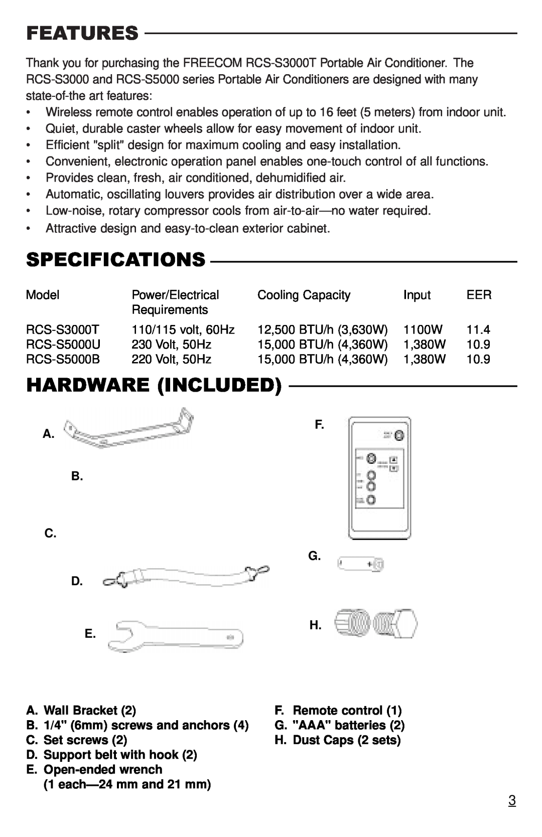 Freecom Technologies RCS-S3000T, RCS-S5000U, RCS-S5000B operation manual Features, Specifications, Hardware Included 